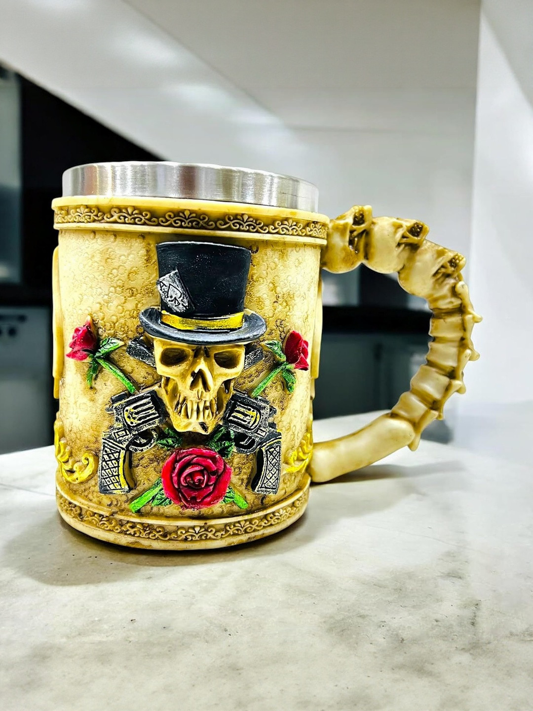 AUGEN Brown And Black Stainless Steel 3D Textured Double Wall Matte Mug-400ml