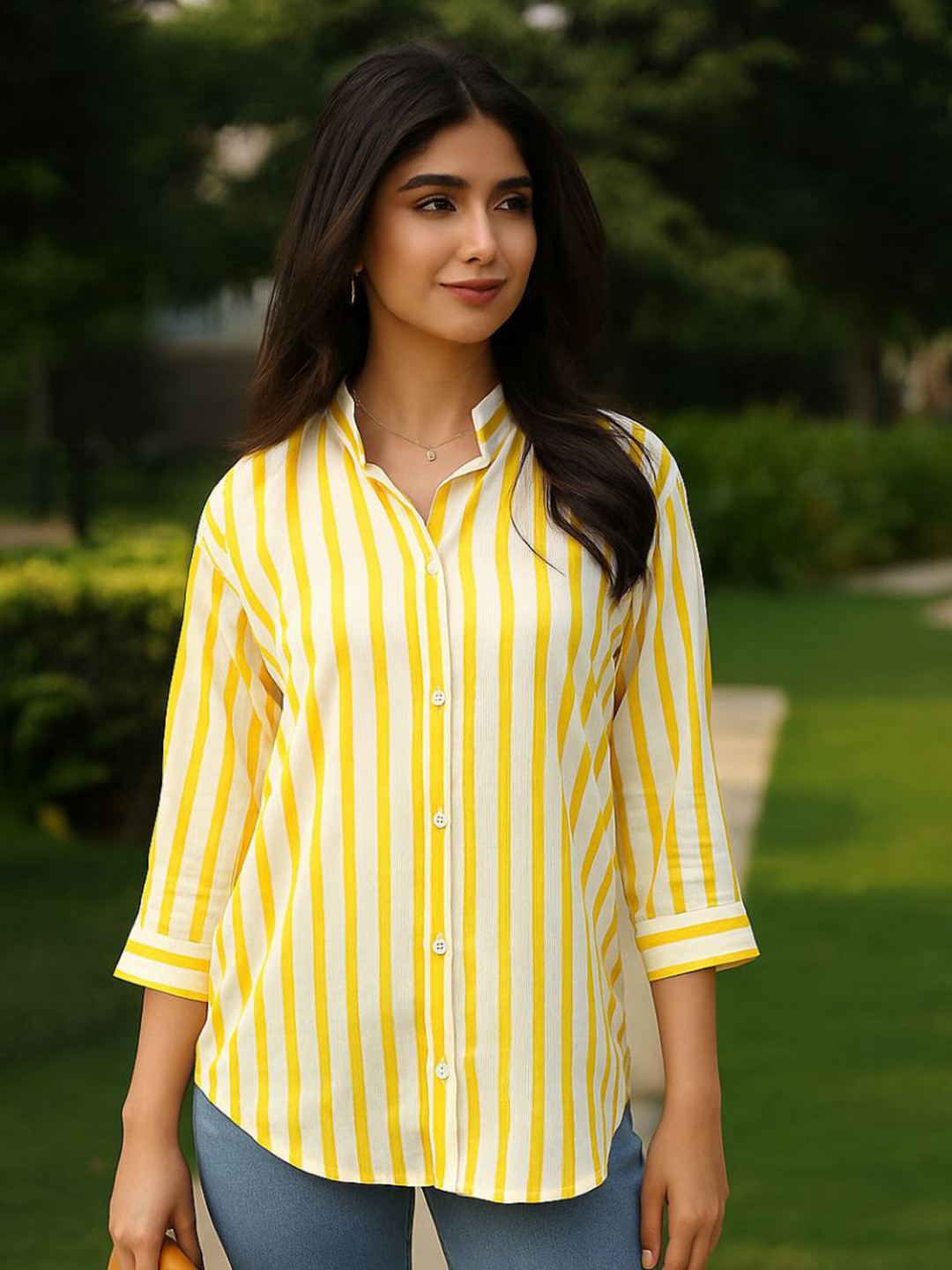 DressBerry Women Comfort Fit Vertical Striped Spread Collar Casual Shirt