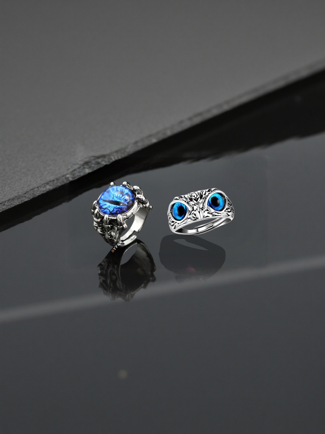 J.S ENTERPRISES Unisex Set Of 2 Stainless Steel Crystals Studded Owl & Claw Finger Rings