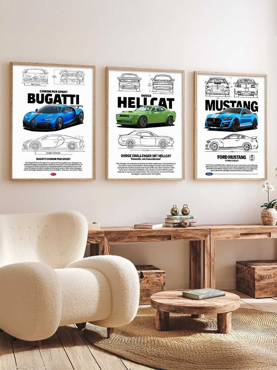 WALLLANE White And Black 3 Pieces Wooden Sports Car Framed Wall Photographs