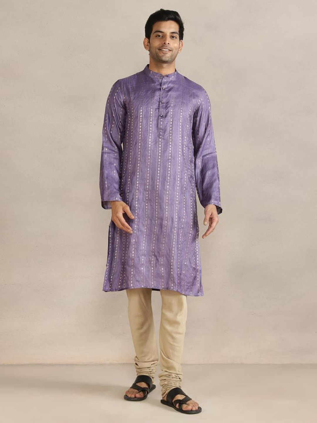 Fabindia Geometric Woven Design Band Collar Straight Long Kurta