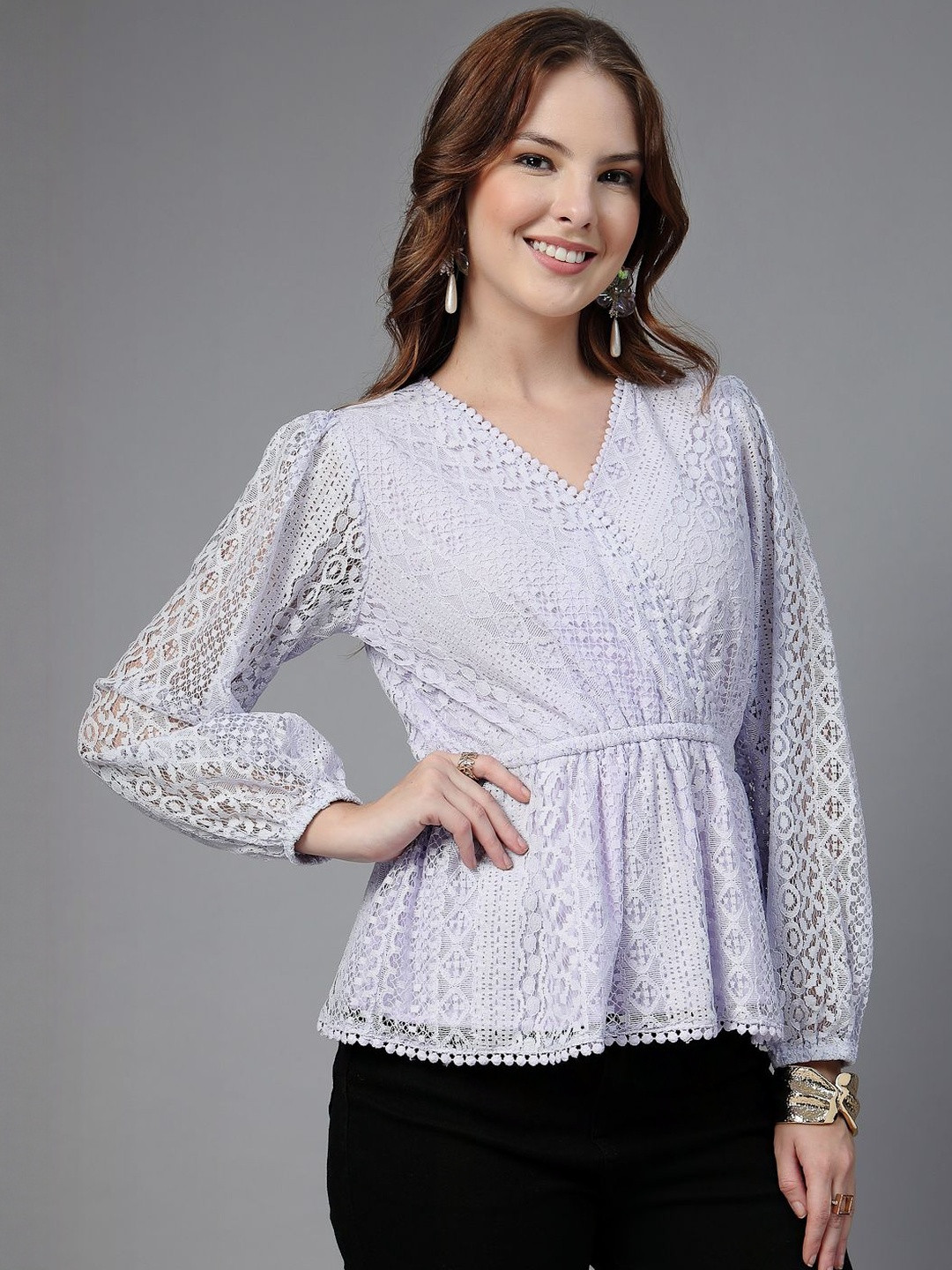 Style Quotient Puff Sleeve Lace Peplum Top