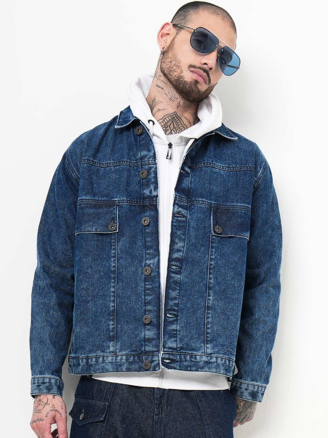 PAUL STREET Men Spread Collar Solid Lightweight Denim Jacket