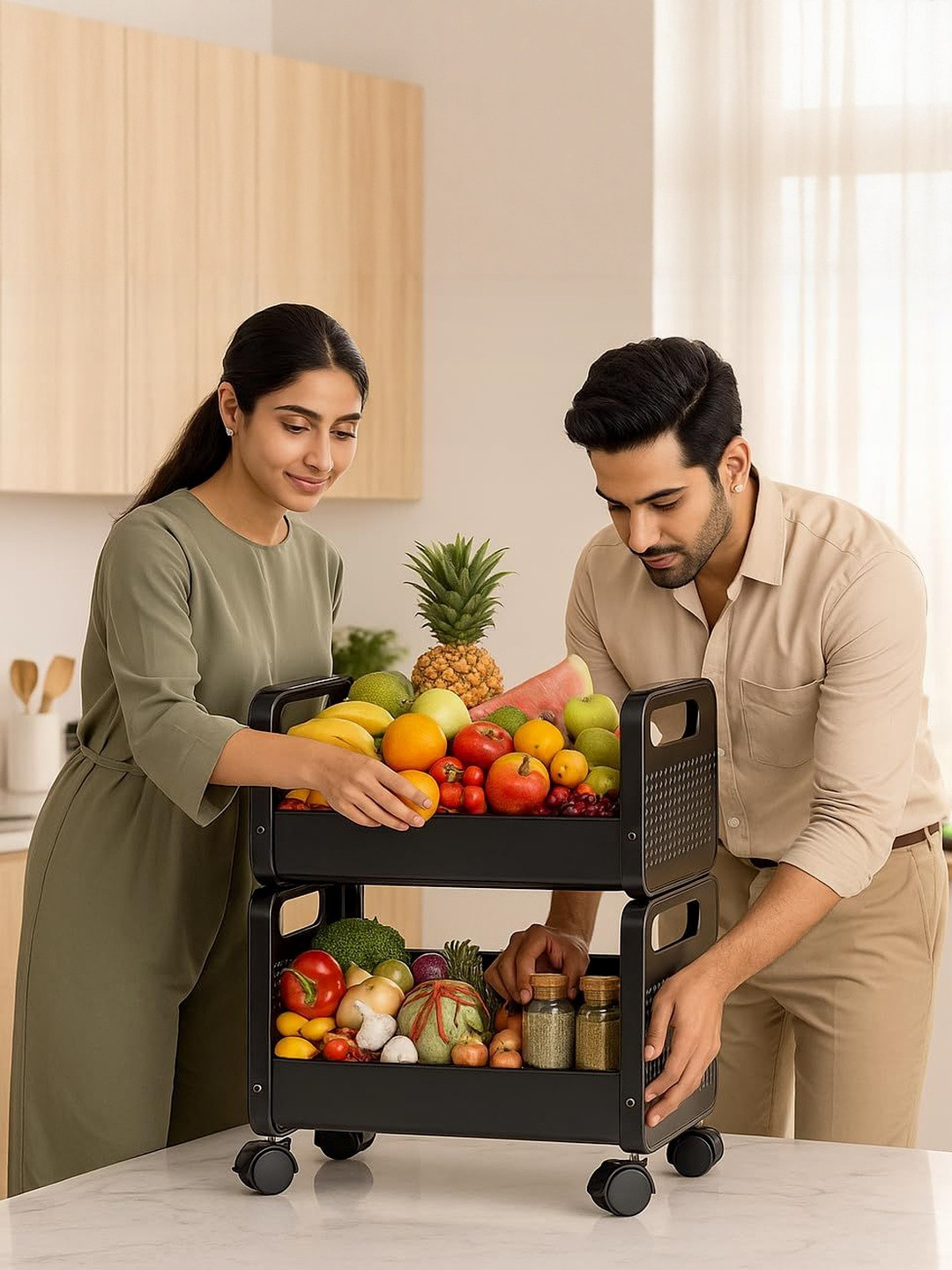 JD FRESH Black 2 Pieces Super Strong Stackable Kitchen Trolley