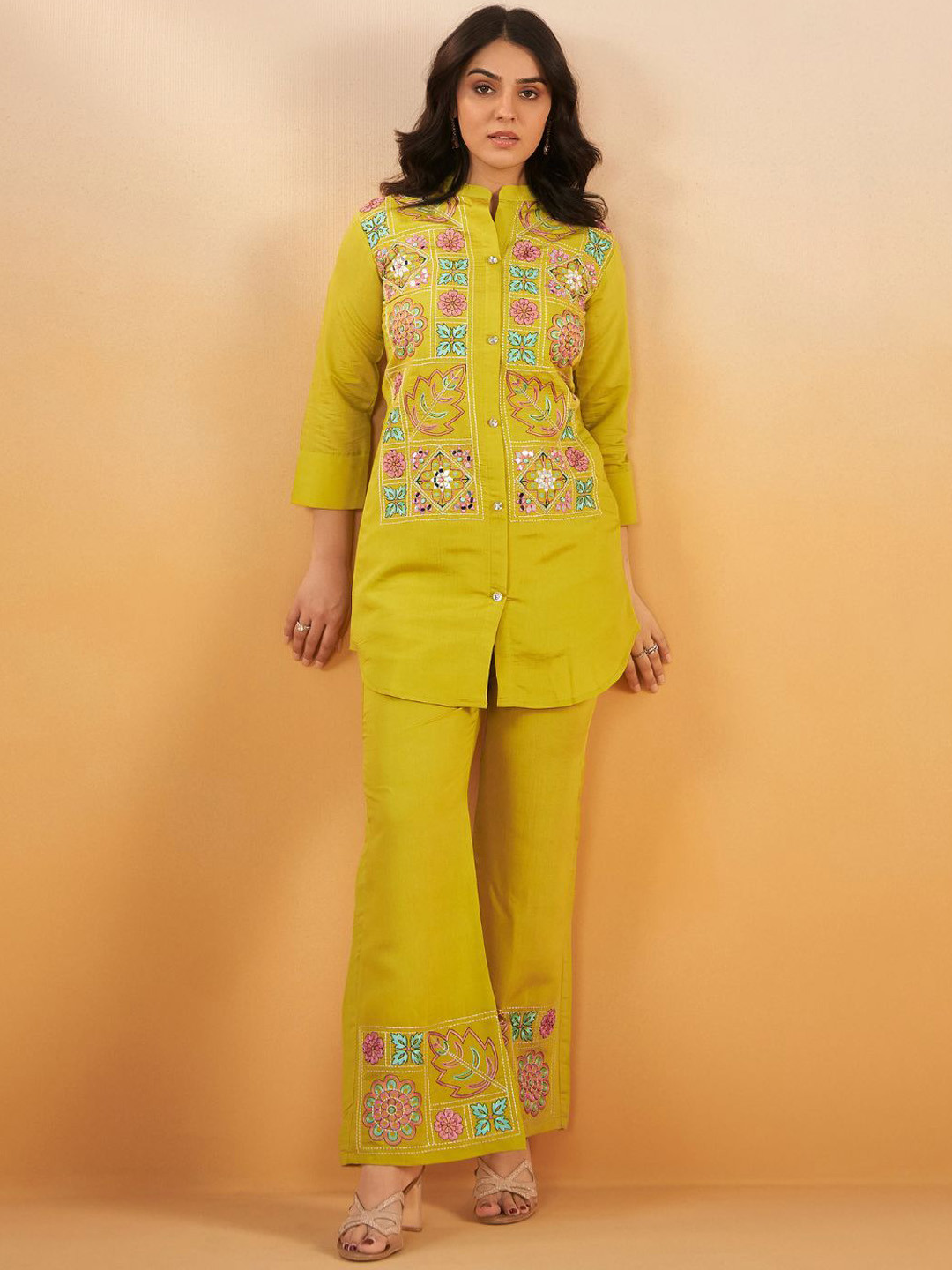 Kaftanize Mustard Yellow Multi-Thread Embroidered Tunic with Trouser