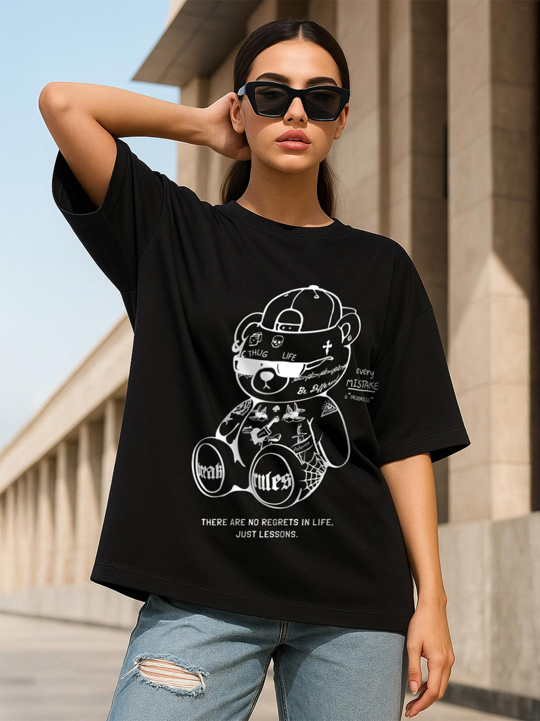 JUNEBERRY Women Black Graphic Printed Round Neck Relaxed Fit Pure Cotton Oversized T-shirt