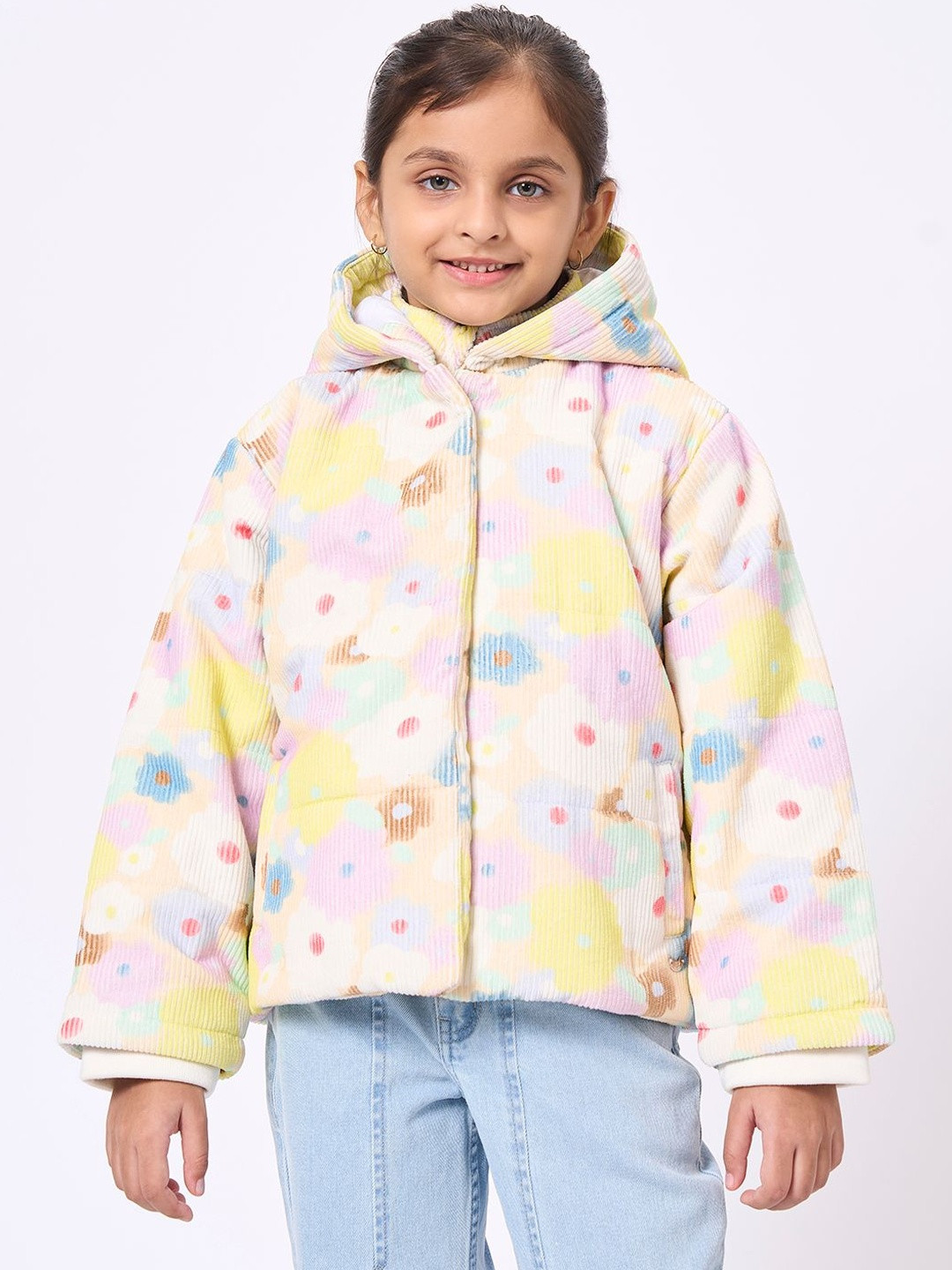 Ed-a-Mamma Girls Hooded Floral Printed Sherpa Pure Cotton Jacket