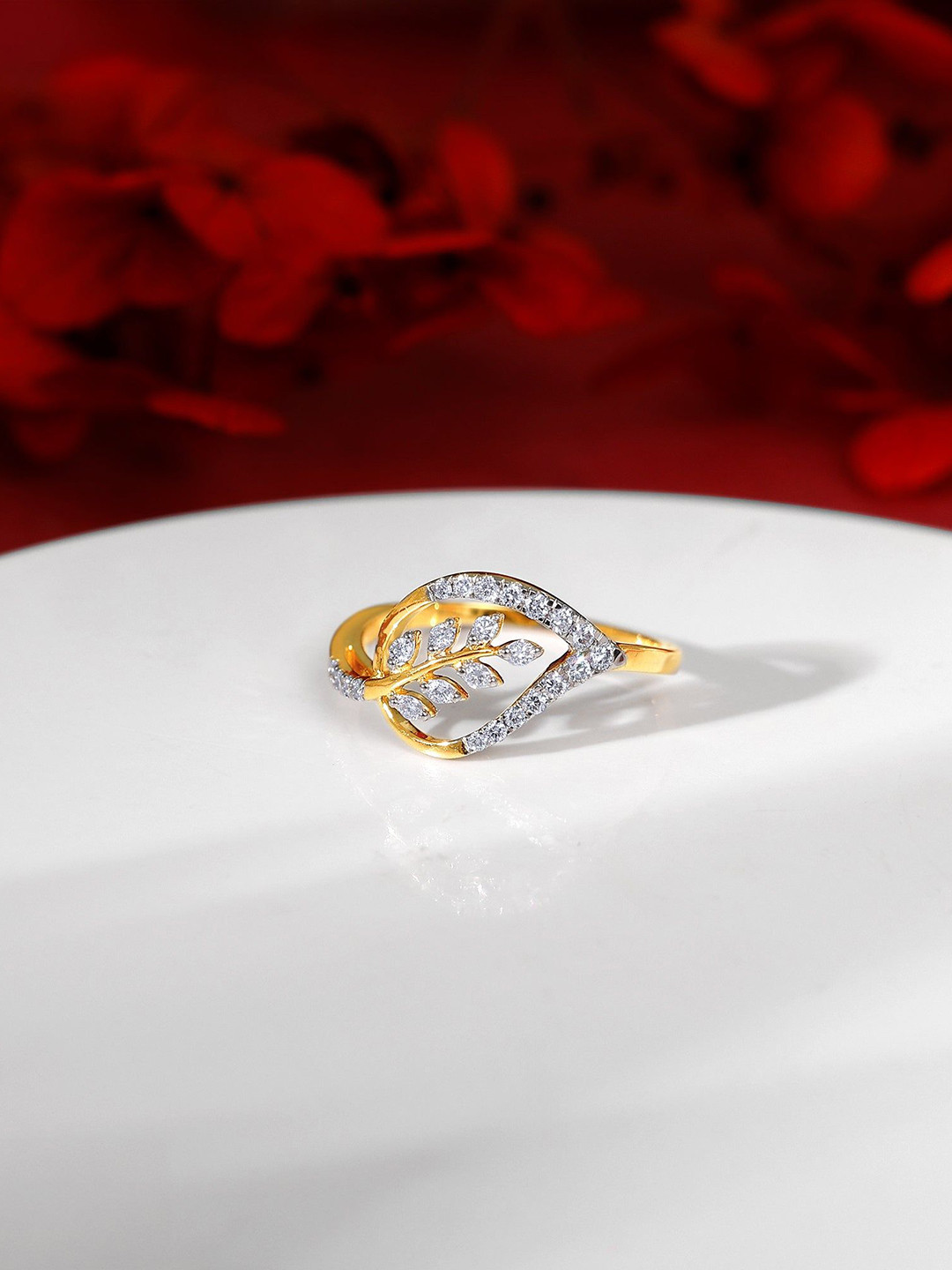 GIVA Women Gold Leaf in Luxury Diamond Ring-1.85 gms