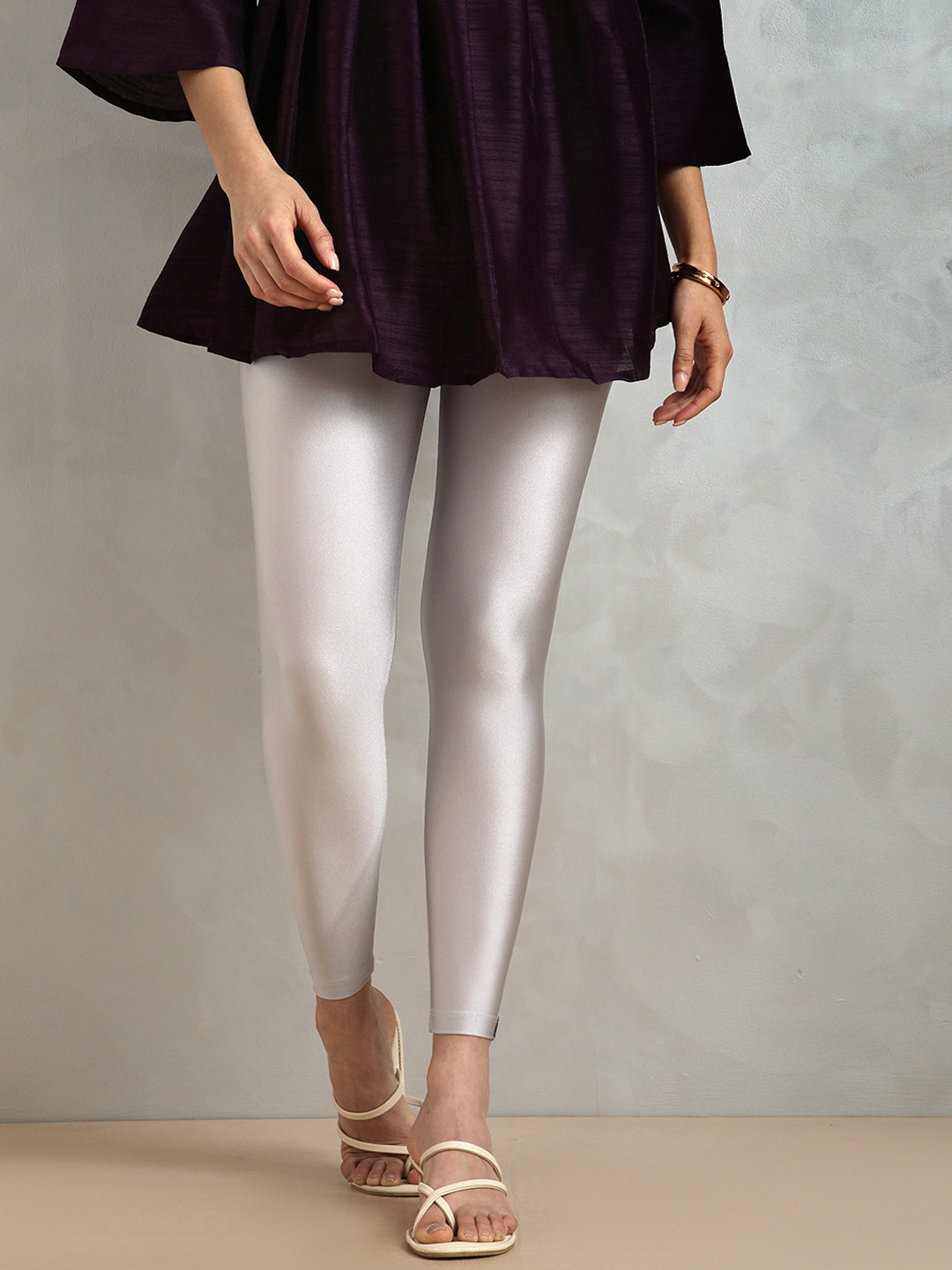 TWIN BIRDS Women Nylon Solid Silver Shimmer Leggings