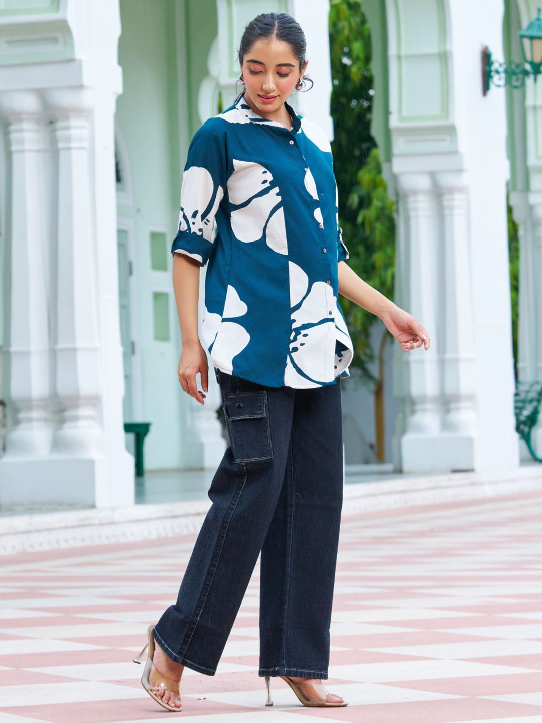 Kaftanize Women White Bold Allover Flower Printed Top in Teal Blue Rayon