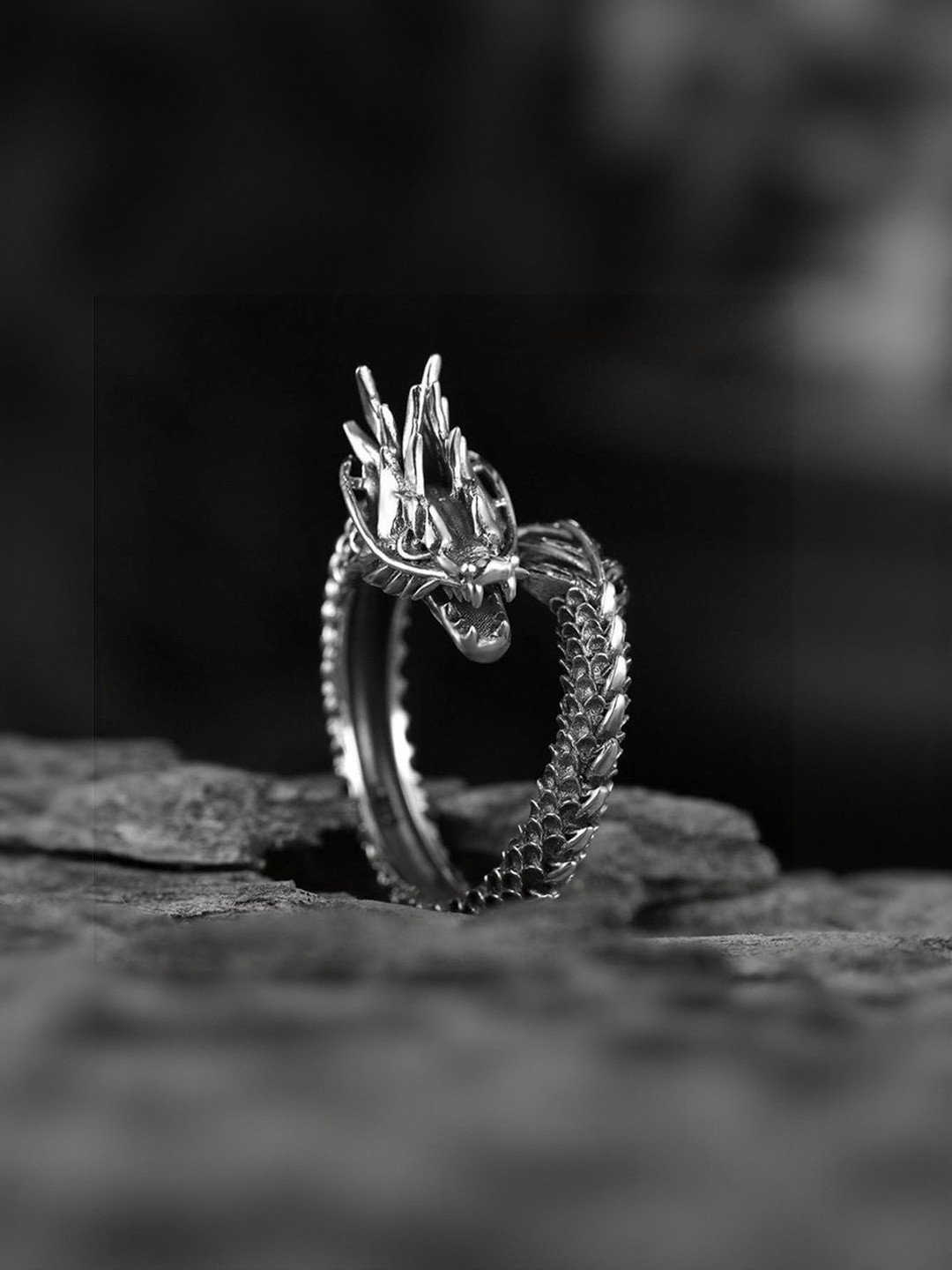 J.S ENTERPRISES Unisex Stainless Steel Dragon Oxidised Finger Ring