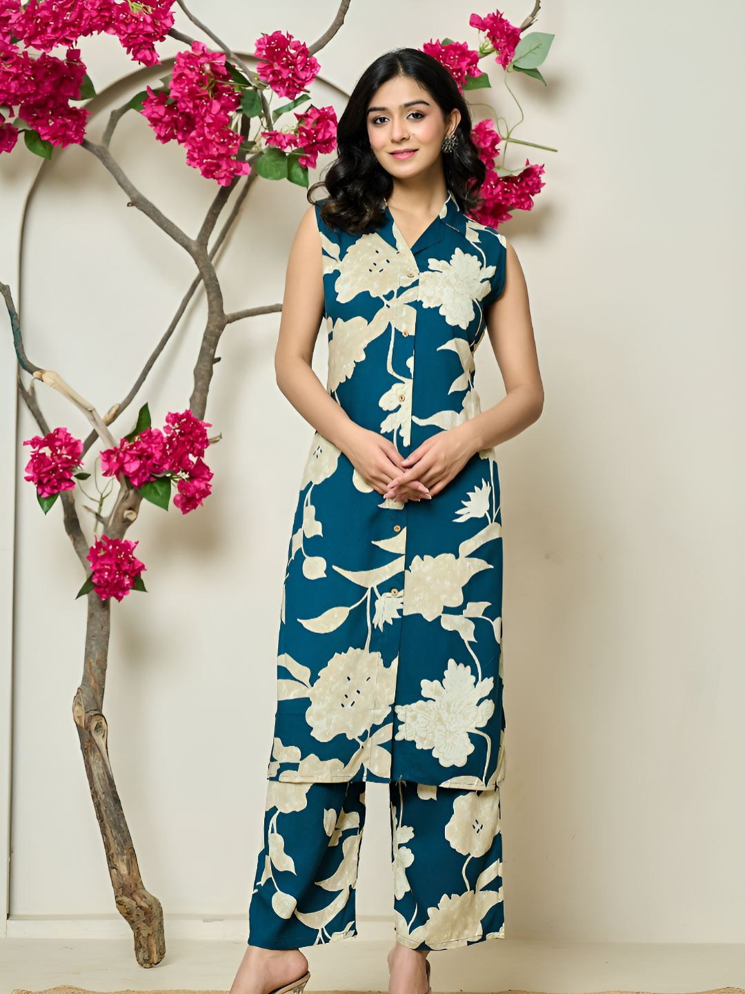 Kaftanize Beige Floral Printed Shirt Collar Straight Kurta With Palazzos Set