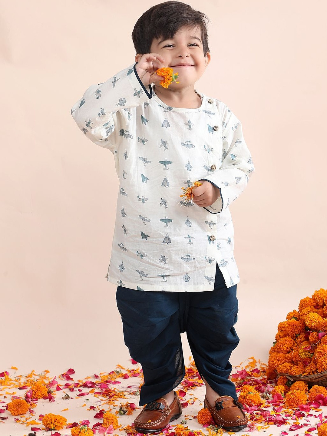 Polka Tots Boys Airplane Printed Full Sleeves Pure Cotton Kurta With Dhoti Pants