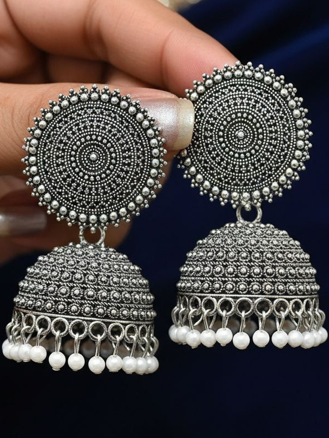 tulsi imitation Circular Shaped Oxidised Jhumkas
