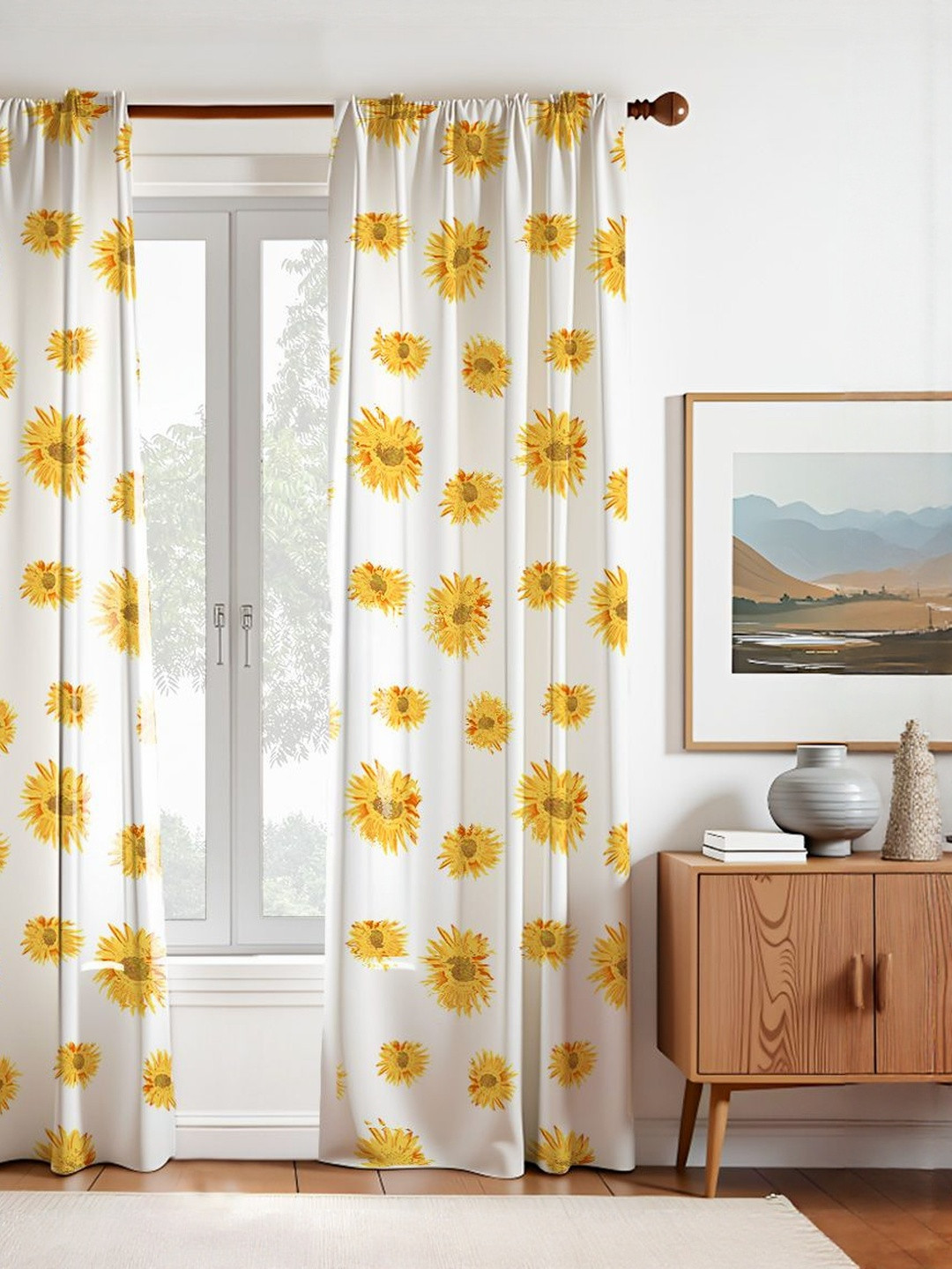 HOMEMONDE Yellow & White Pack of 2 Sunflower Printed Cotton Room Darkening Door Curtain