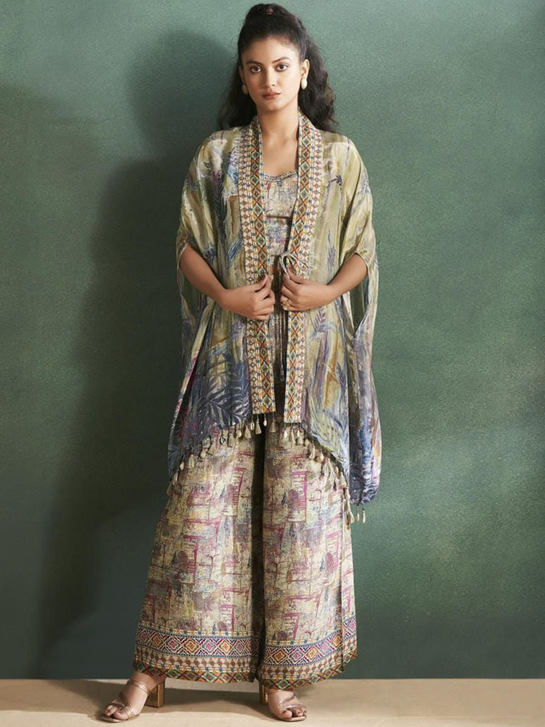 Kaftanize Abstract Printed Sleeveless Crop Top & Palazzo With Shrug