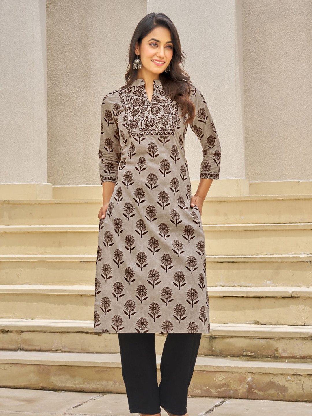 Kaftanize Women Brown Floral Printed Sequin Embellished Cotton Cambric Long Kurta