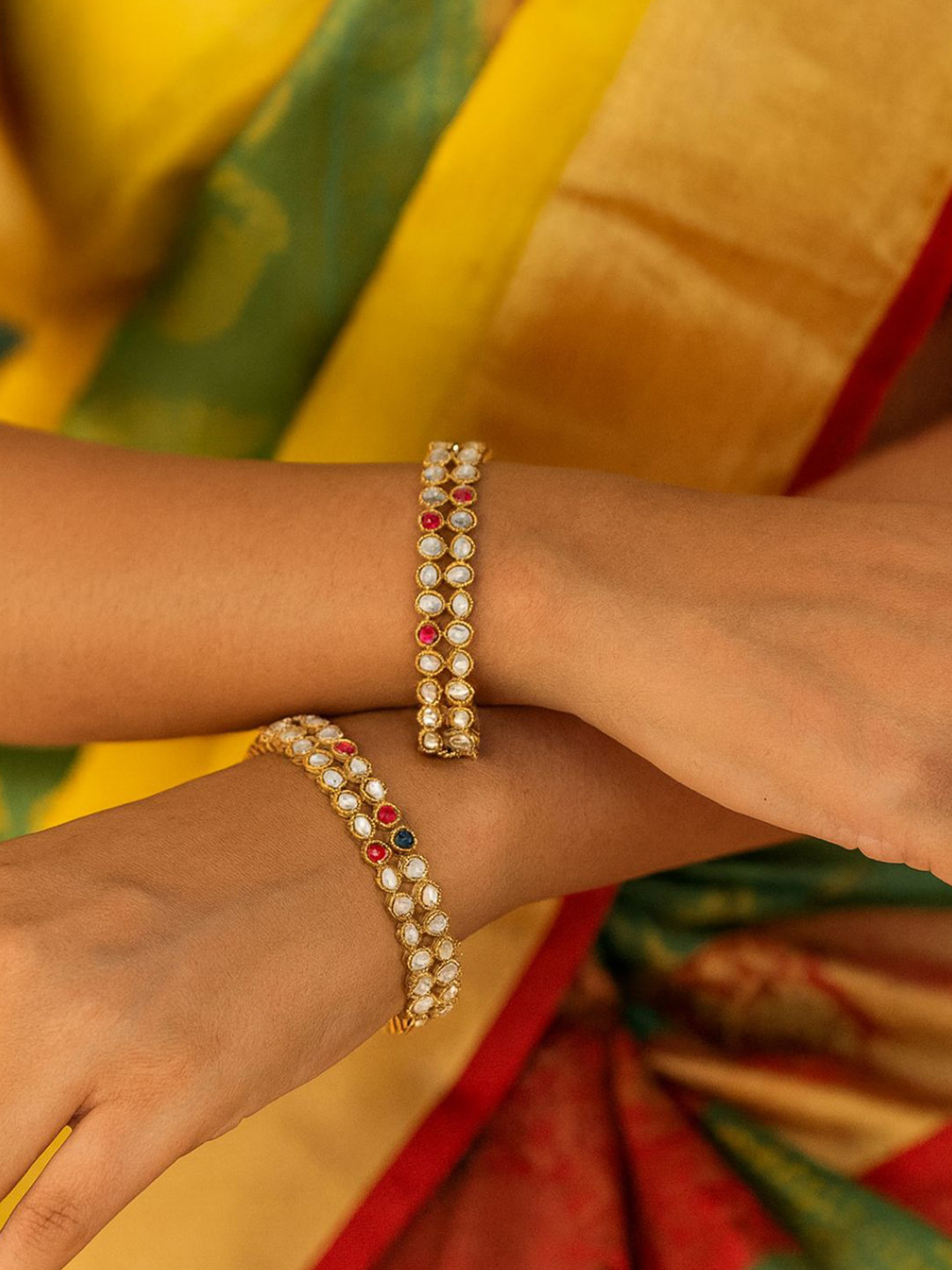 I Jewels Set of 2 Red Gold-Plated Maroon & Green Stone Kada Bangles
