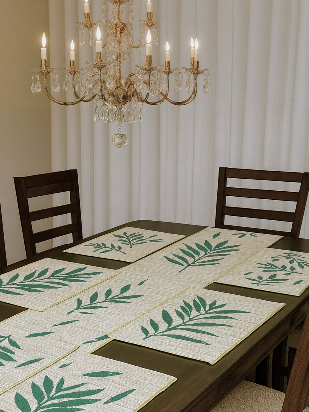 Attica Tracery White & Green 5 Pieces Leaf Printed Textured Table Linen Set