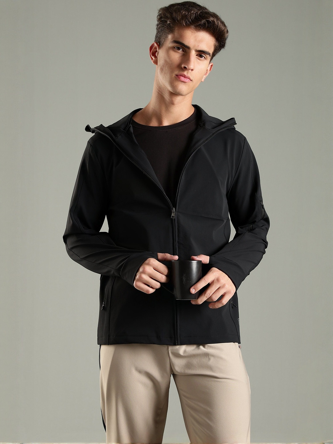 DOMIN8 Men Water-Repellent All Weather Zipper Hooded Jacket With Thumb Hole Sleeve