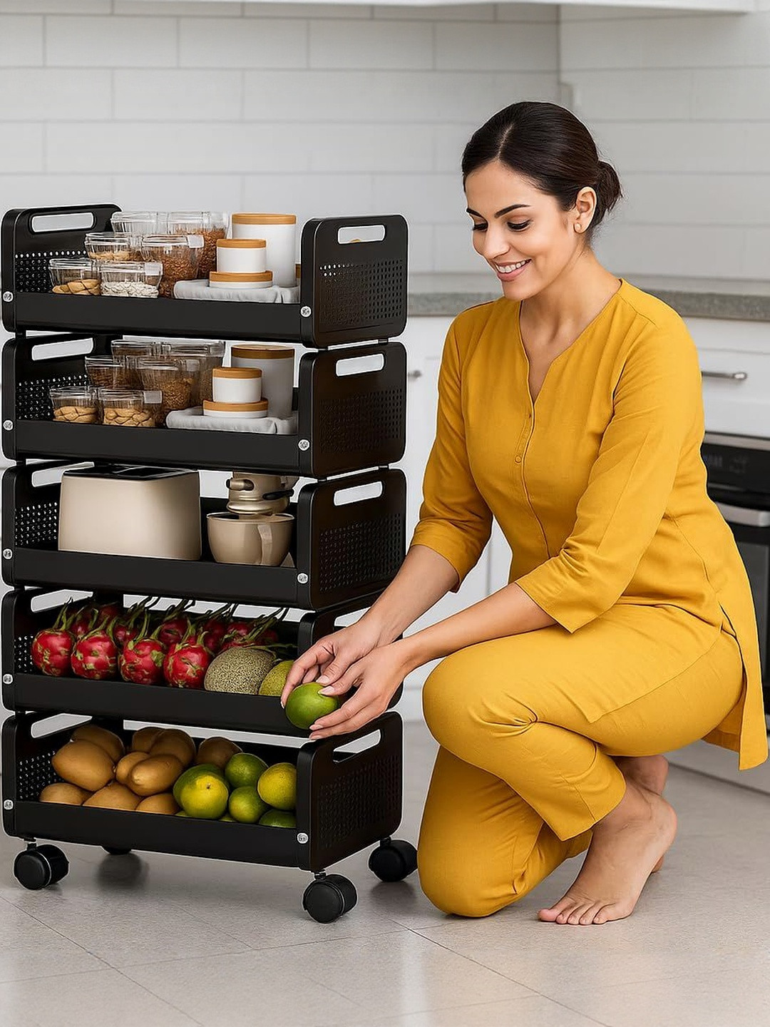 JD FRESH Black 5 Pieces Stackable Kitchen Trolleys
