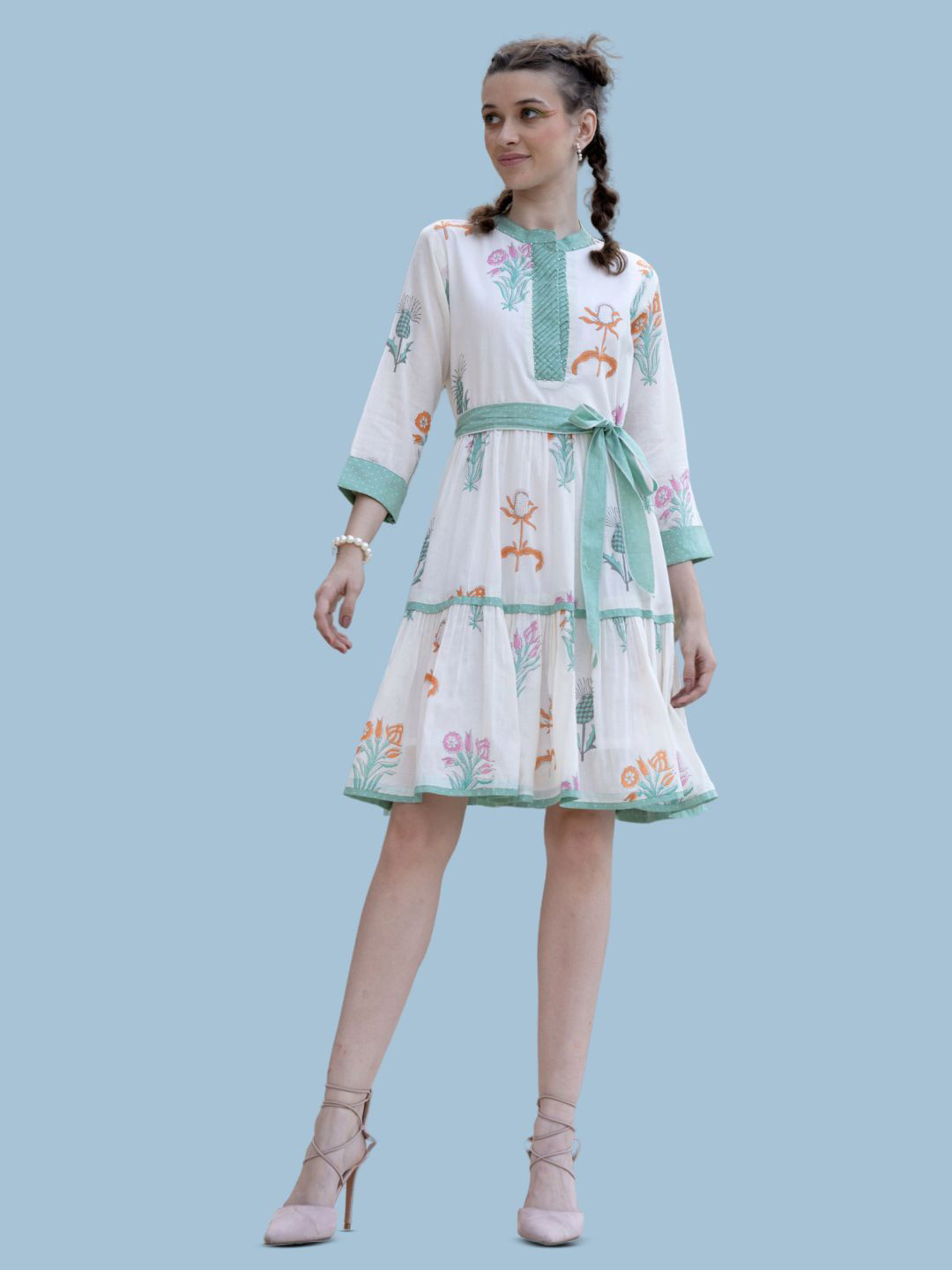 Kaftanize Women Ivory Color Multi Bold Floral Printed Fit and flare Dress In Cotton Voile