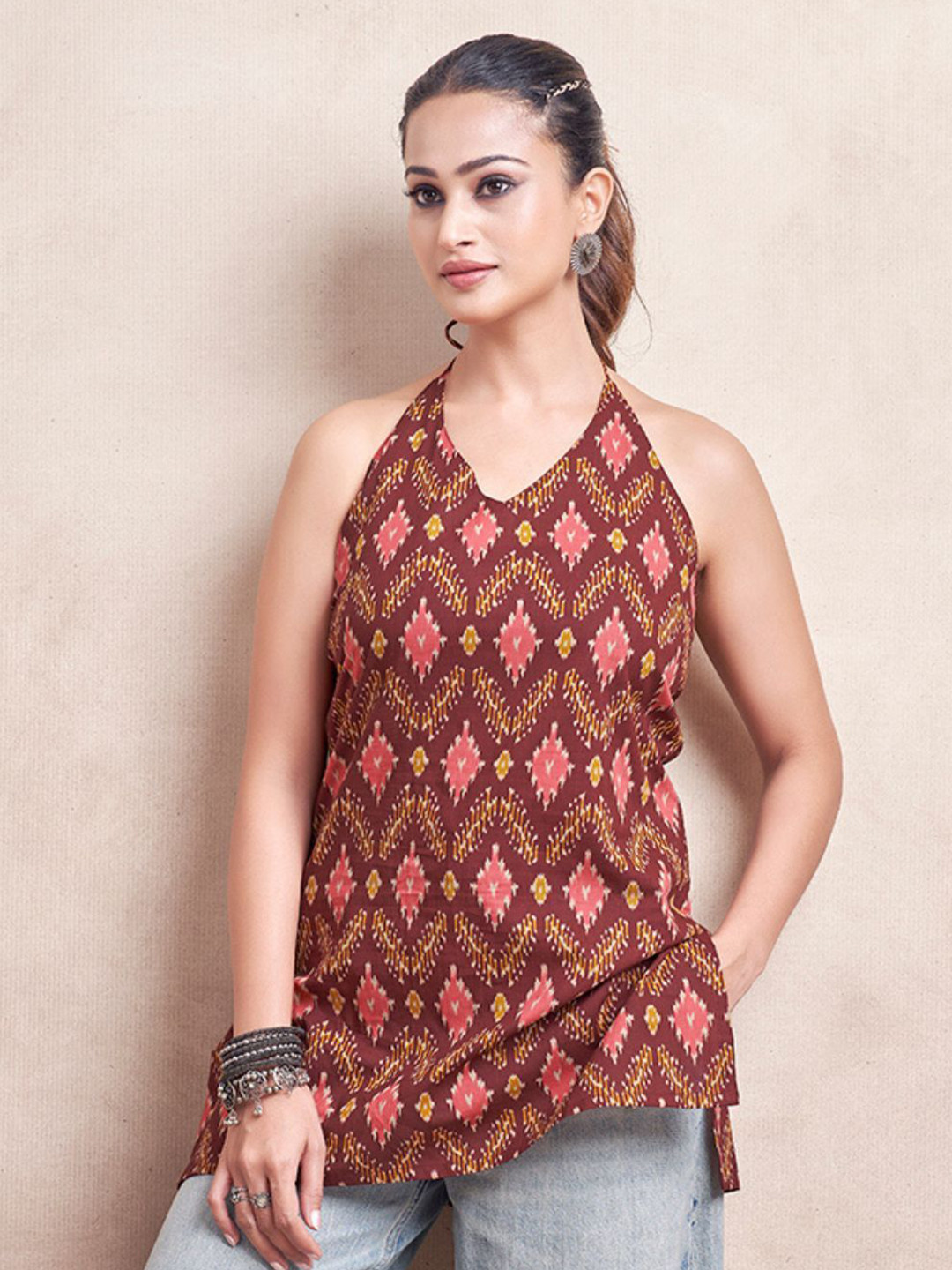 Kaftanize Maroon Printed Halter Neck Pure Cotton Backless Short Kurti