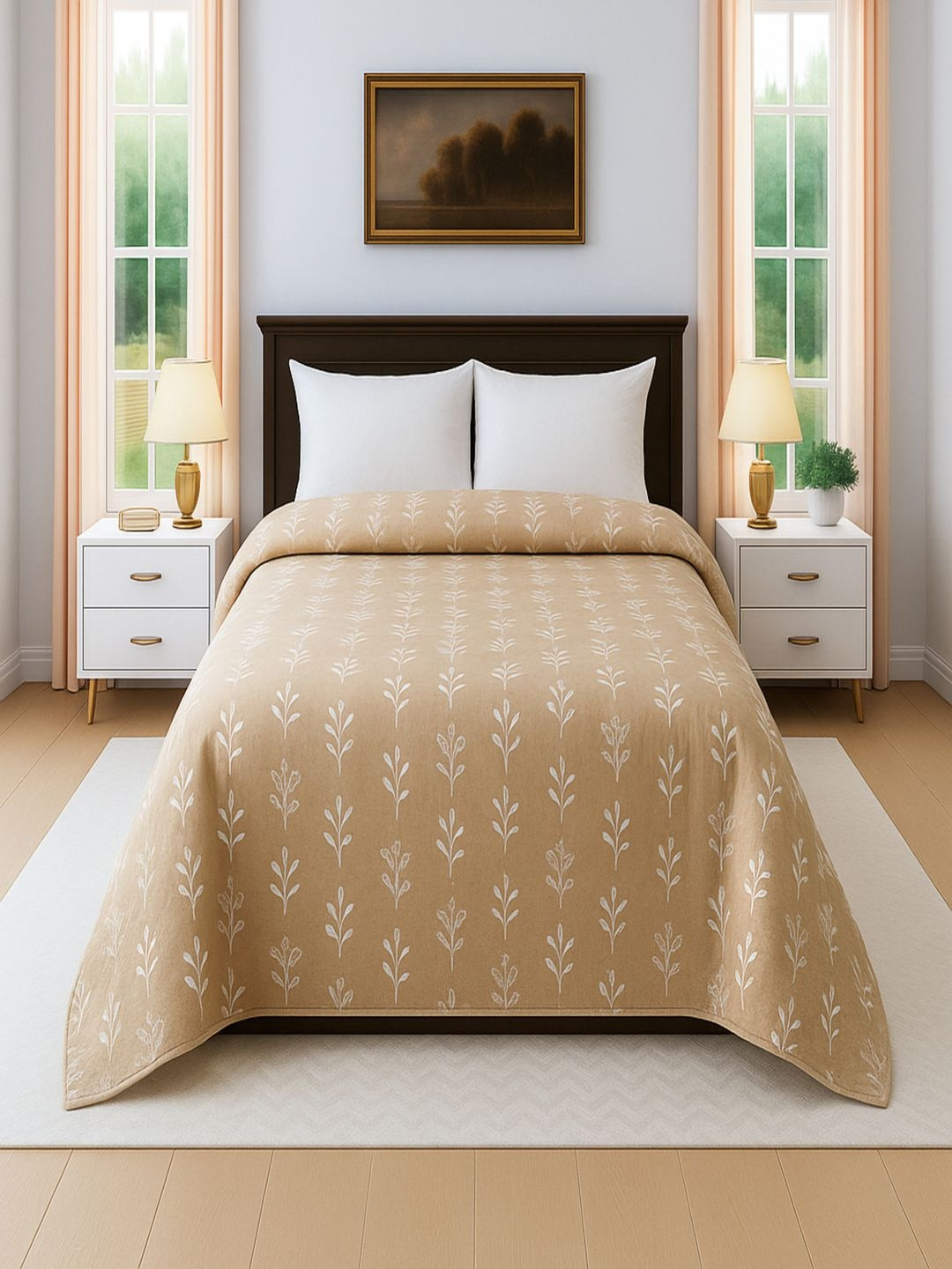 Threadwear Orange & White Floral Printed Cotton AC Room 300 GSM Comforter