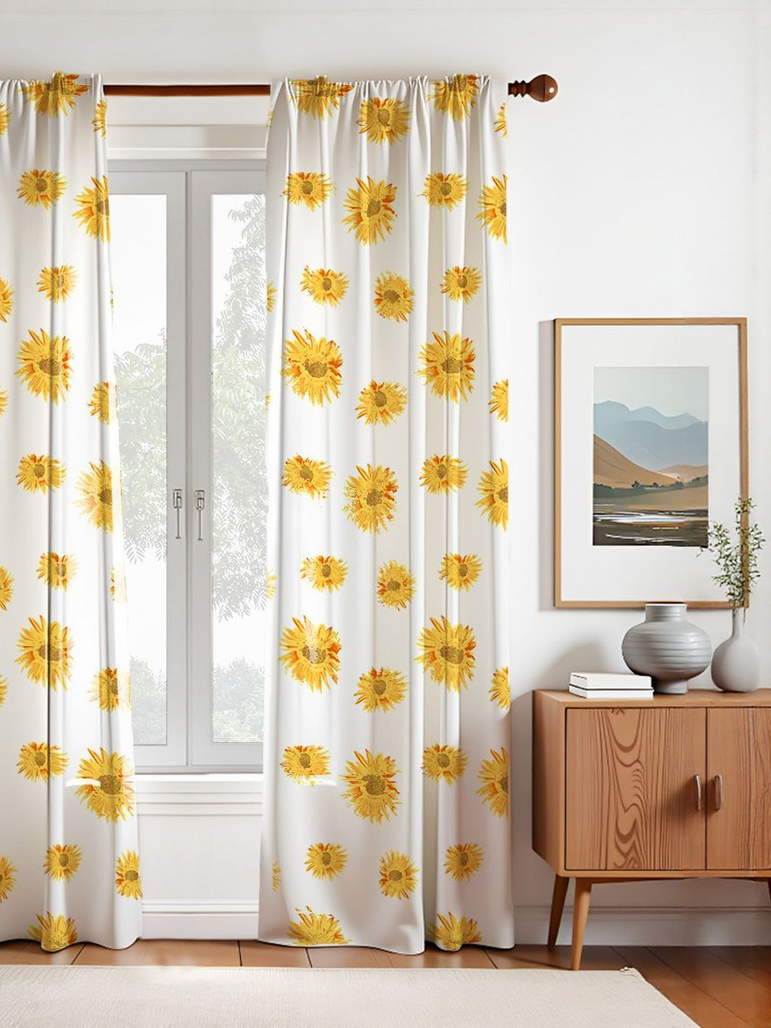 HOMEMONDE Yellow Pack of 2 Sunflower Printed Cotton Room Darkening Long Door Curtains