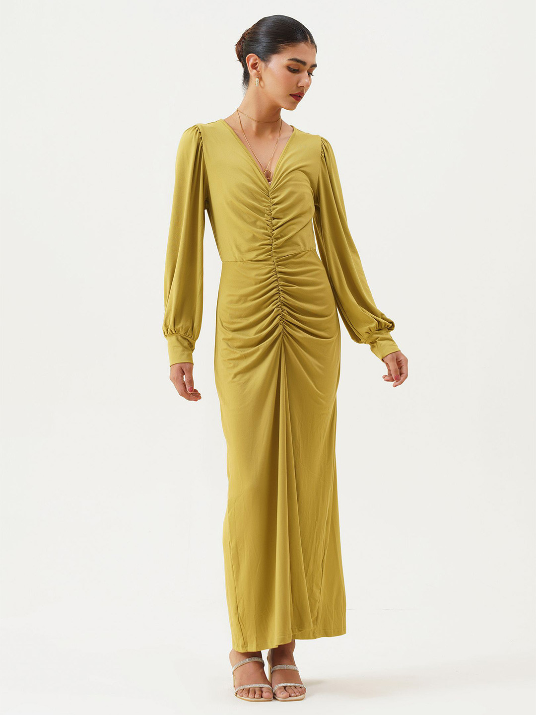 Mylin Solid V-Neck Gathered or Pleated Maxi Dress