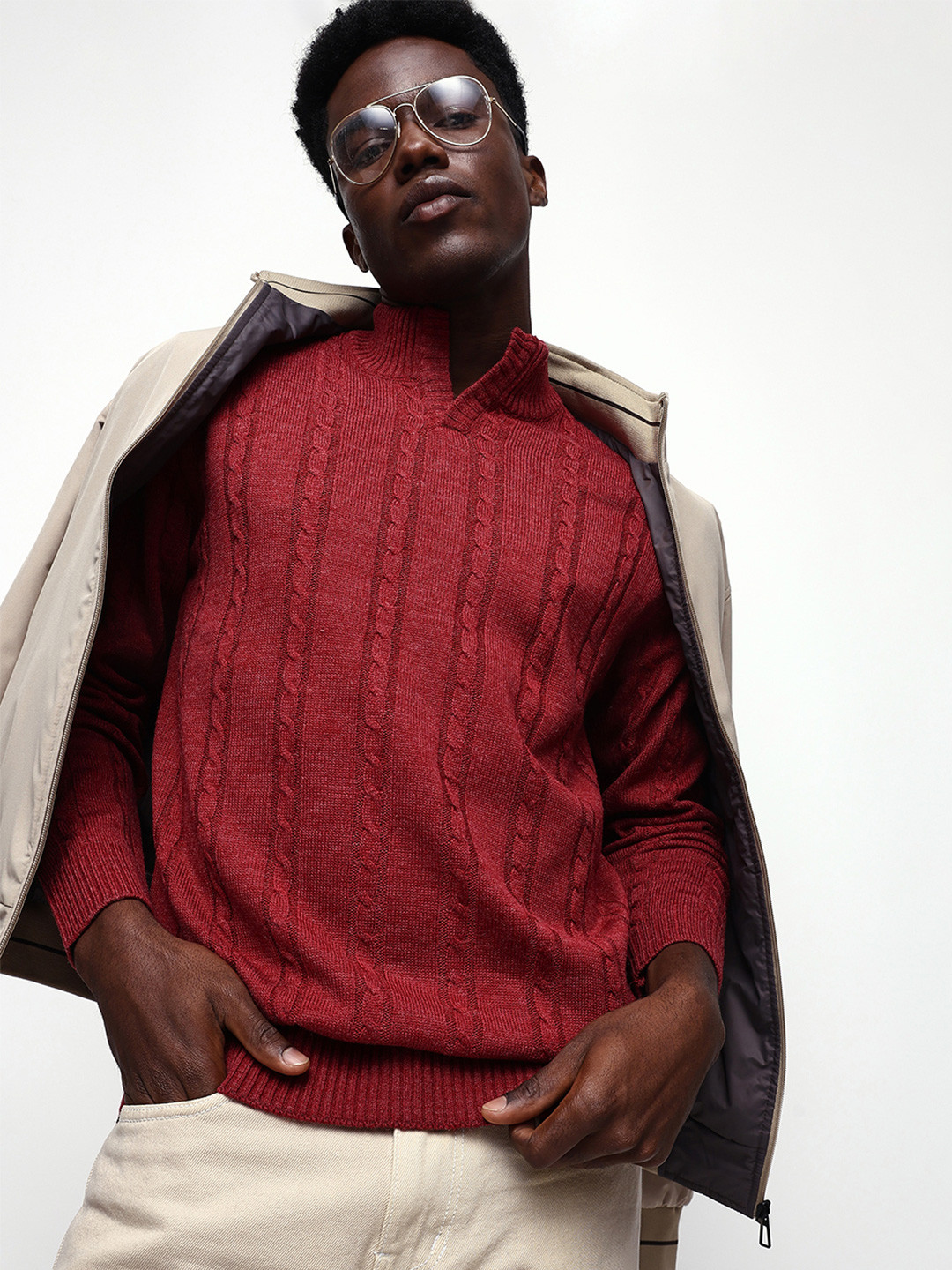 Dennis Lingo Men Cable Knit Self Design Mock Collar Pullover