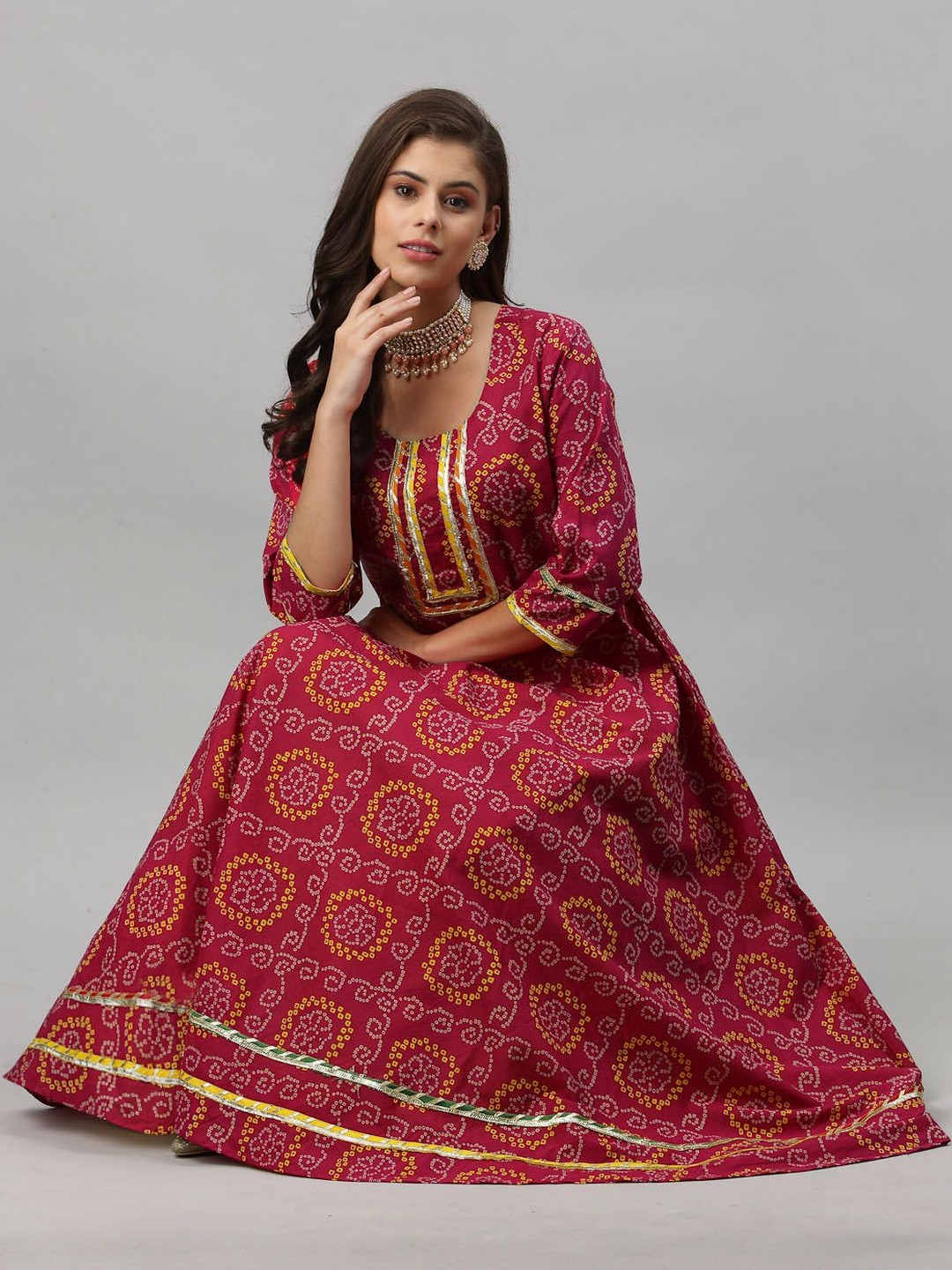 Sansudra Women Bandhani Printed Gotta Patti Cotton Anarkali Kurta