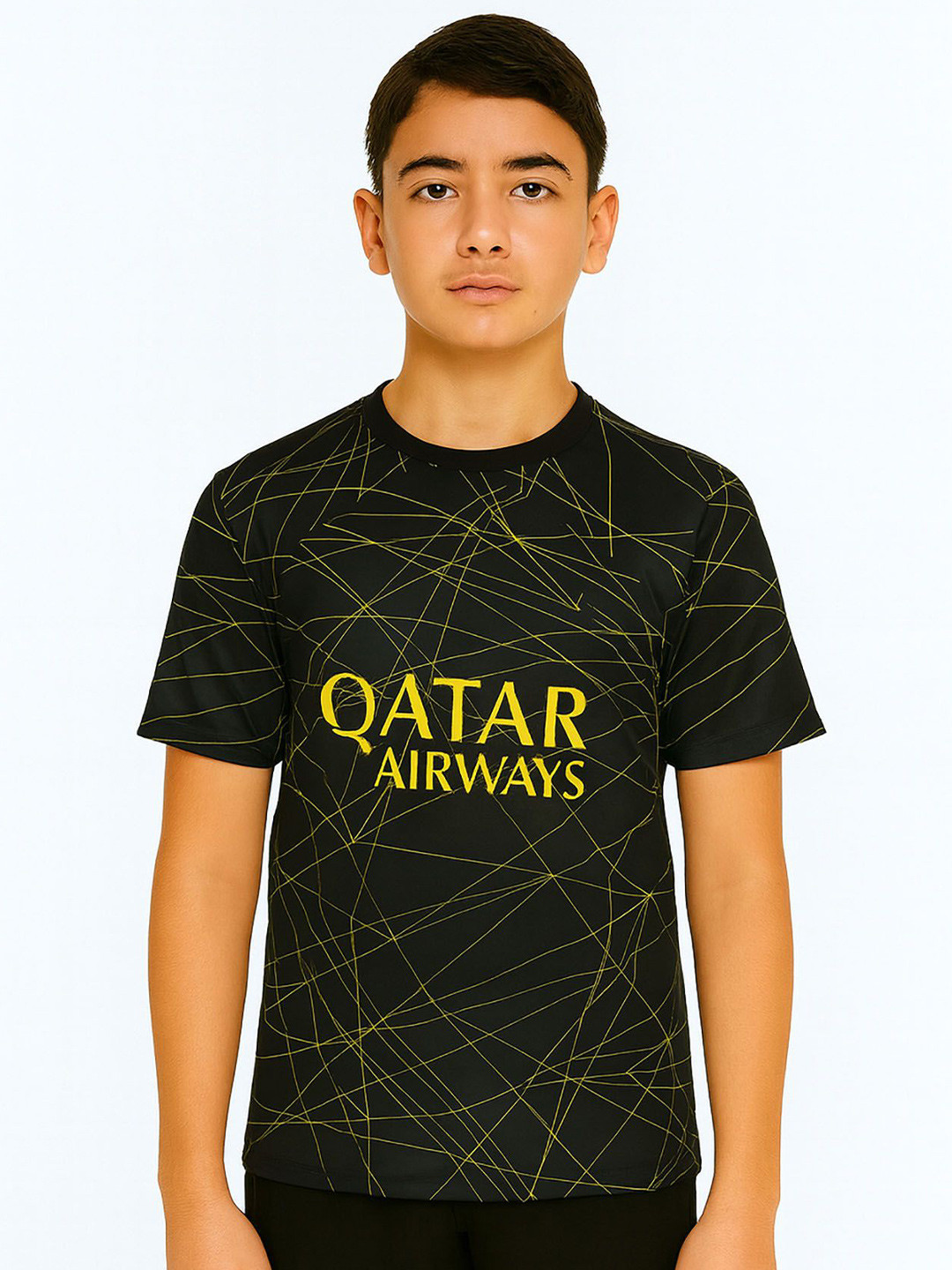 dostitch Boys Qatar Airways PSG Black Kit Messi Football Jersey Paris T-Shirt