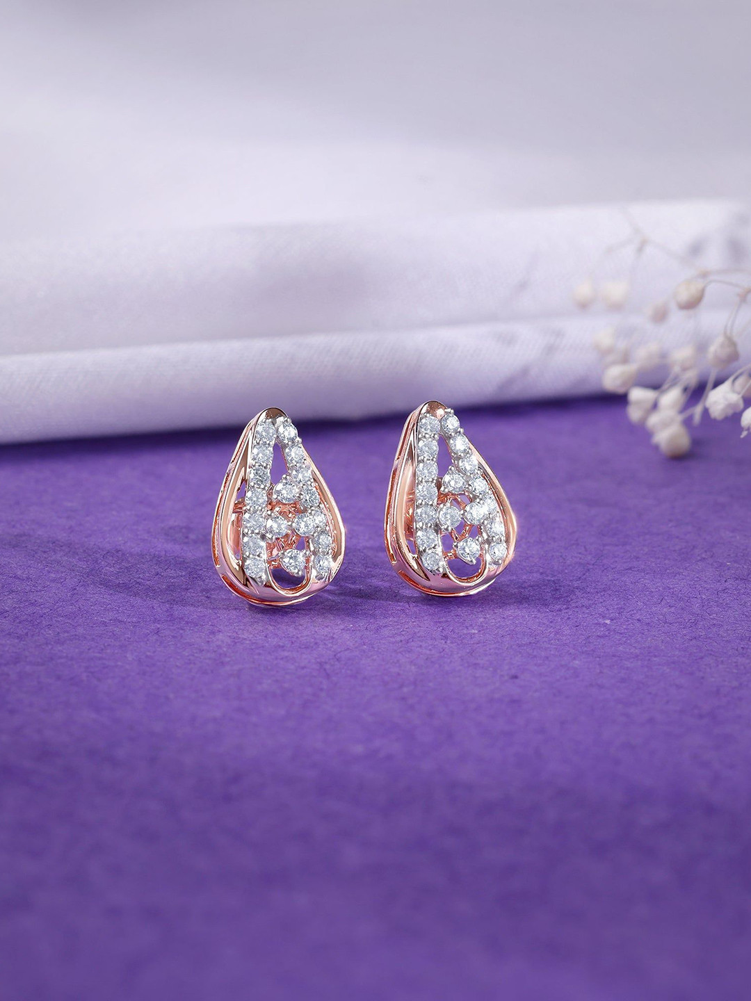 GIVA Rose Gold Modern Pear Diamond Earrings-2.02 gms