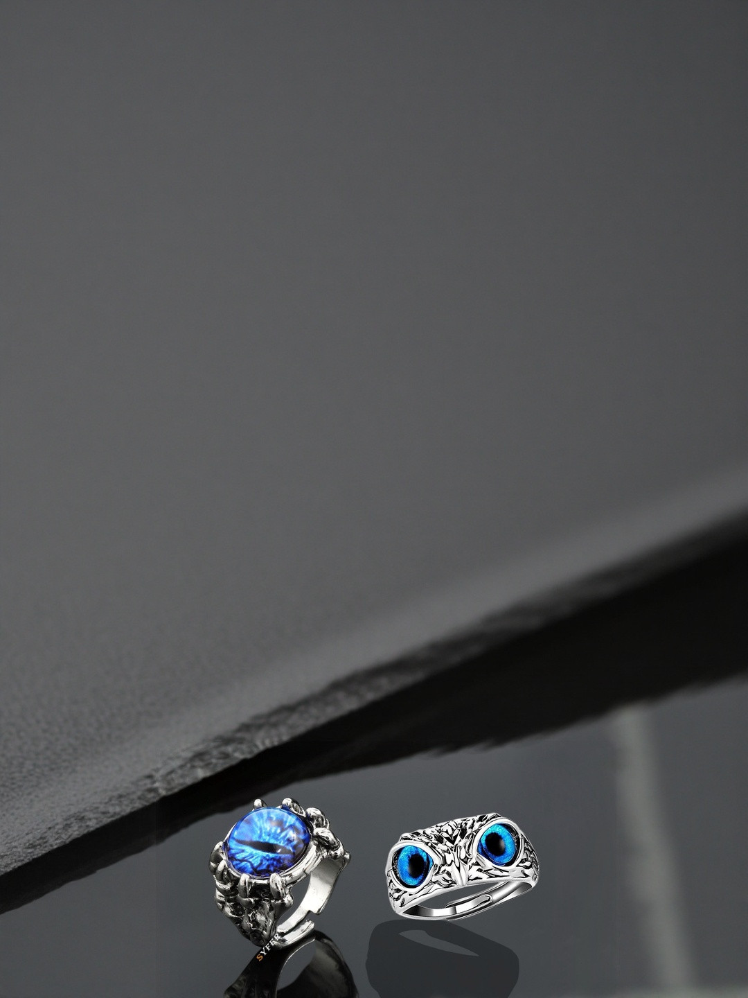 Teeragaj Set of 2 Silver-Toned Owl & Blue Eye Adjustable Finger Ring