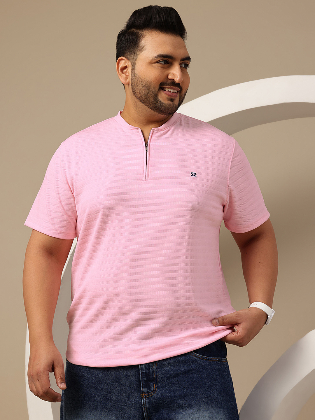 Sztori Plus Size Self Striped Henley Neck T-shirt