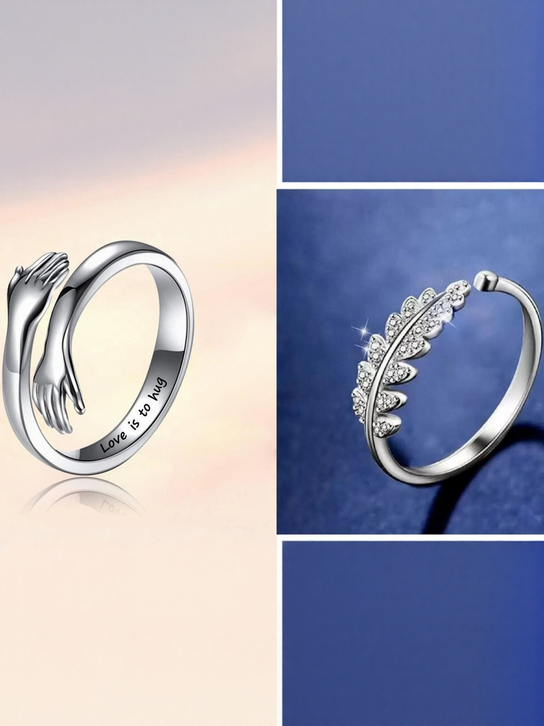 J.S ENTERPRISES Set Of 2 Unisex Stainless Steel Stones Studded Double Finger Rings