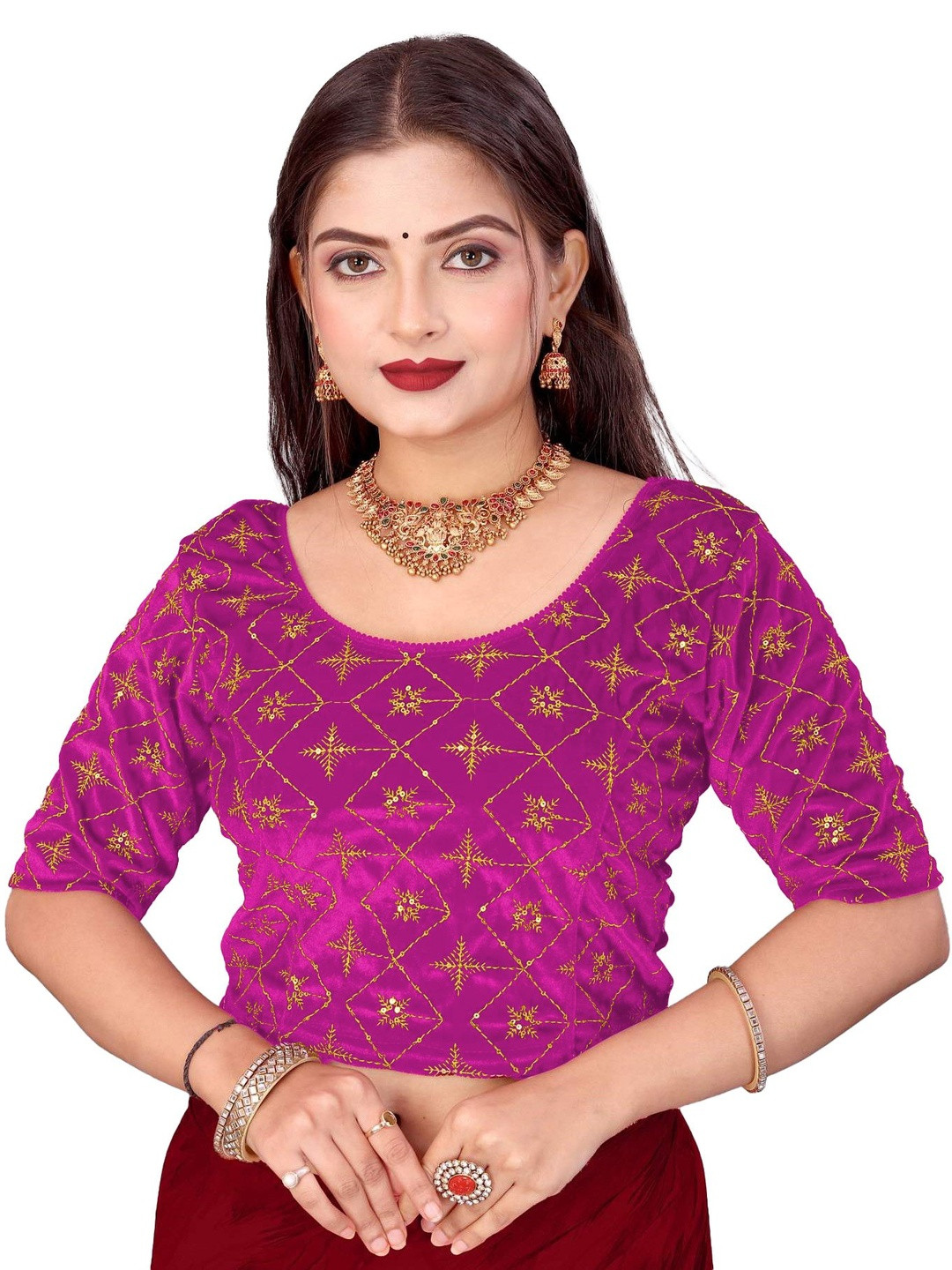 PU FASHION Women Rani Embroidered Round-Neck Saree Blouse