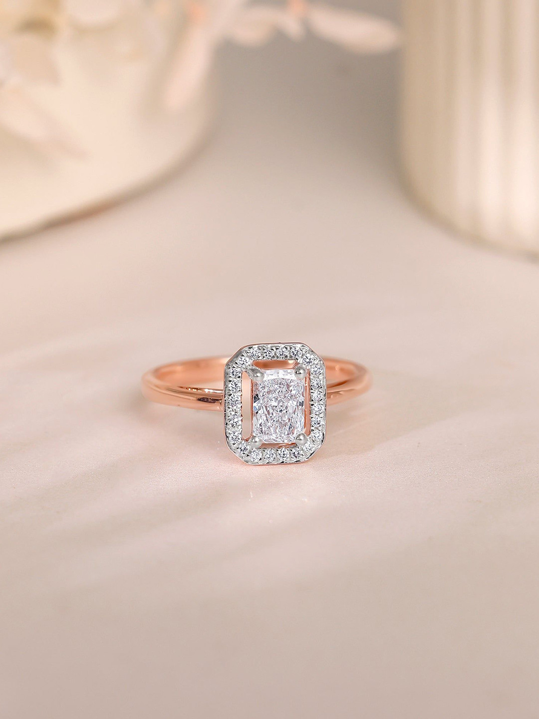 GIVA 14 Kt Rose Gold Magnum Halo Diamond Ring-2.55 gms