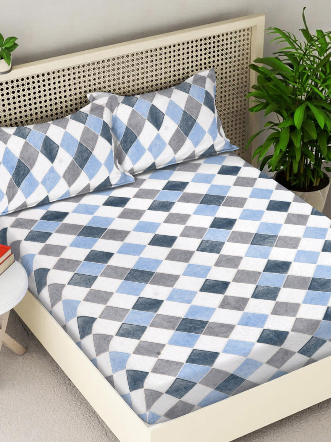 FABINALIV Blue Printed Geometric 180 TC Double King Bedsheet Set 2.5 m x 2.25 m