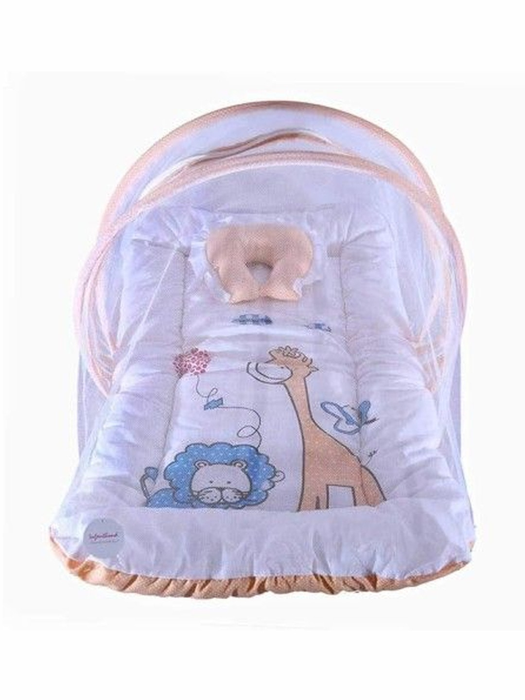 Fareto Infants White & Pink Printed Pure Cotton Foldable Baby Bed Set
