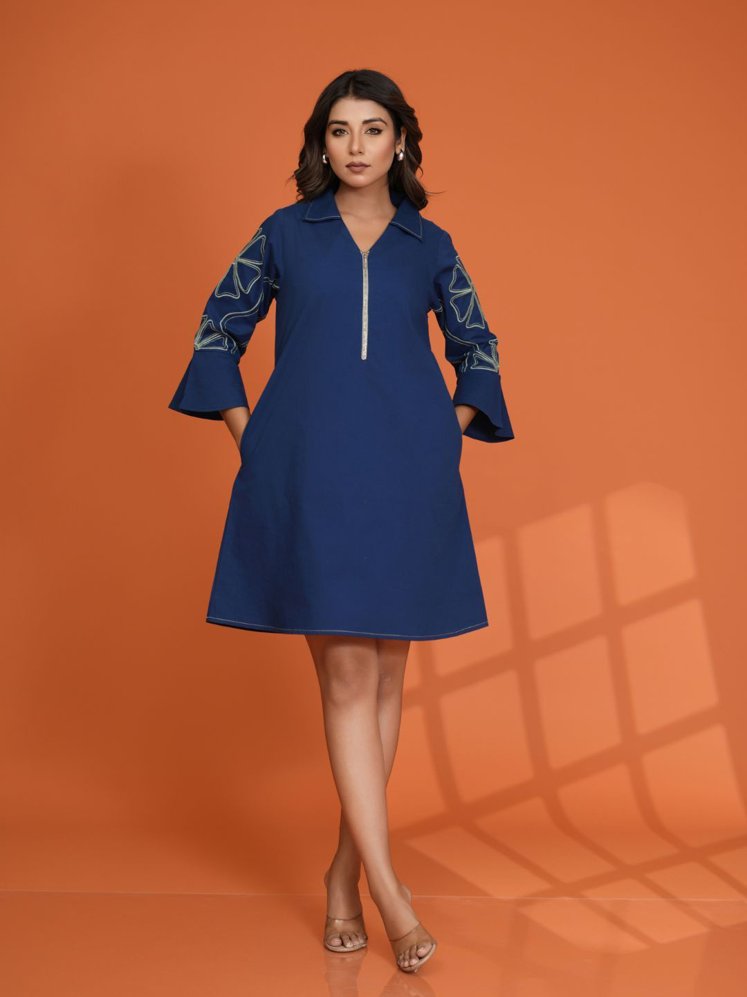 Kaftanize Women Peacock Blue Shirt Collar Zip Front Big flower Dress