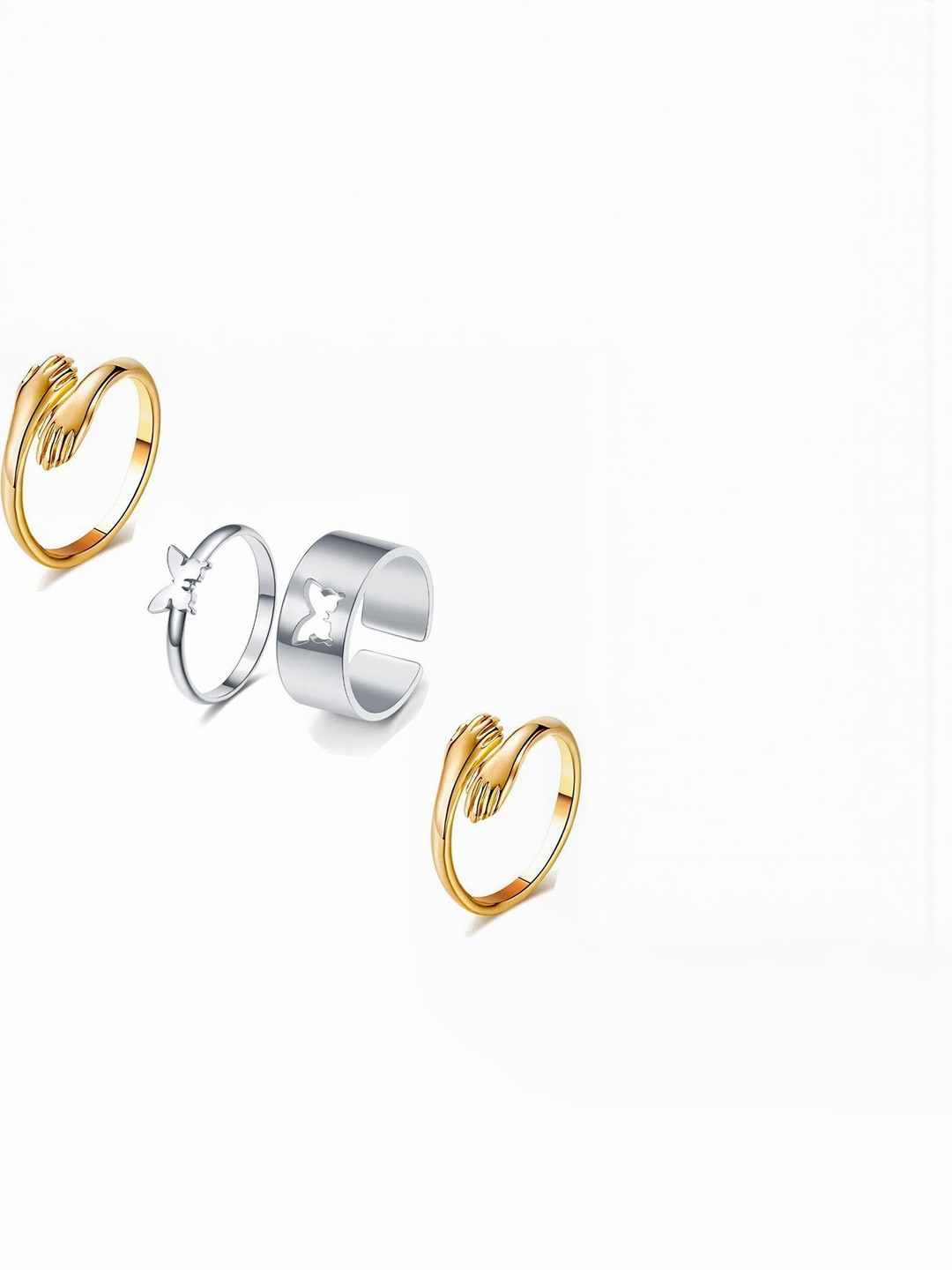 Teeragaj Set Of 4 Butterfly & Hug Adjustable Couple Finger Rings
