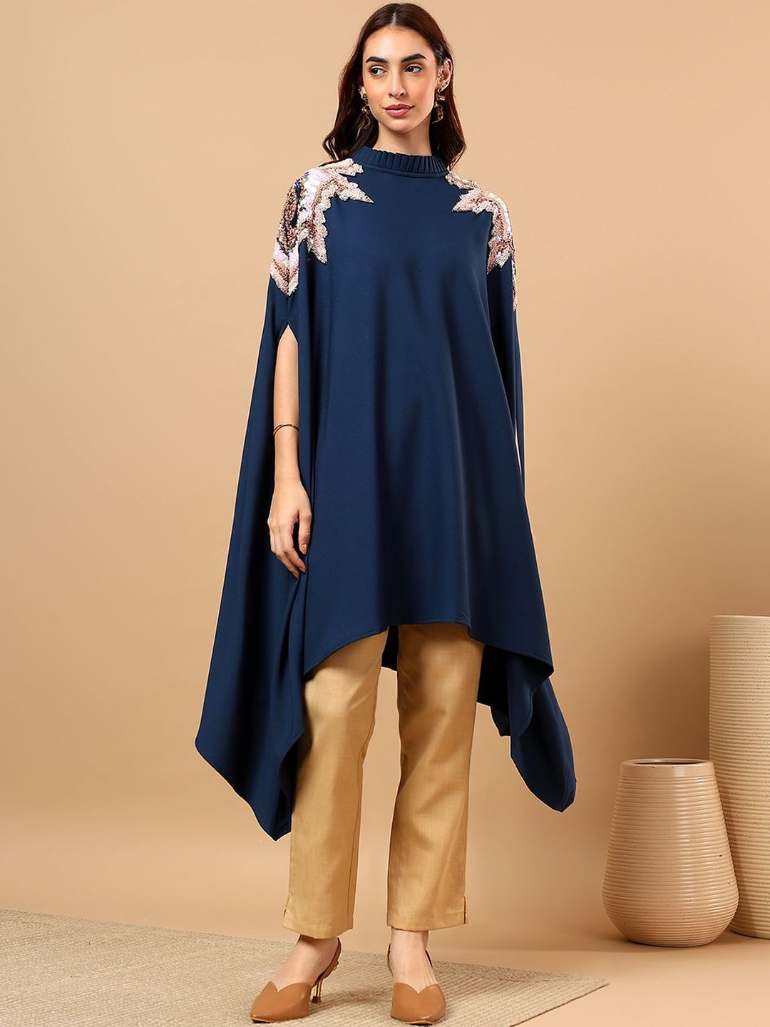 QAIYNAT Ethnic Motifs Embroidered Round Neck No Sleeves Kaftan Kurta With Trousers