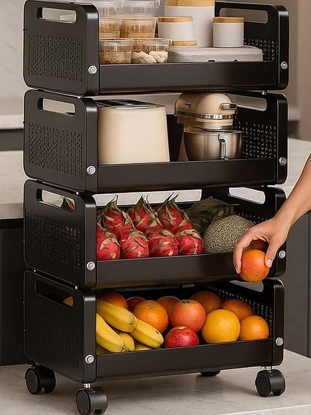 JD FRESH Black 4 Pieces Super Strong Stackable Kitchen Trolleys