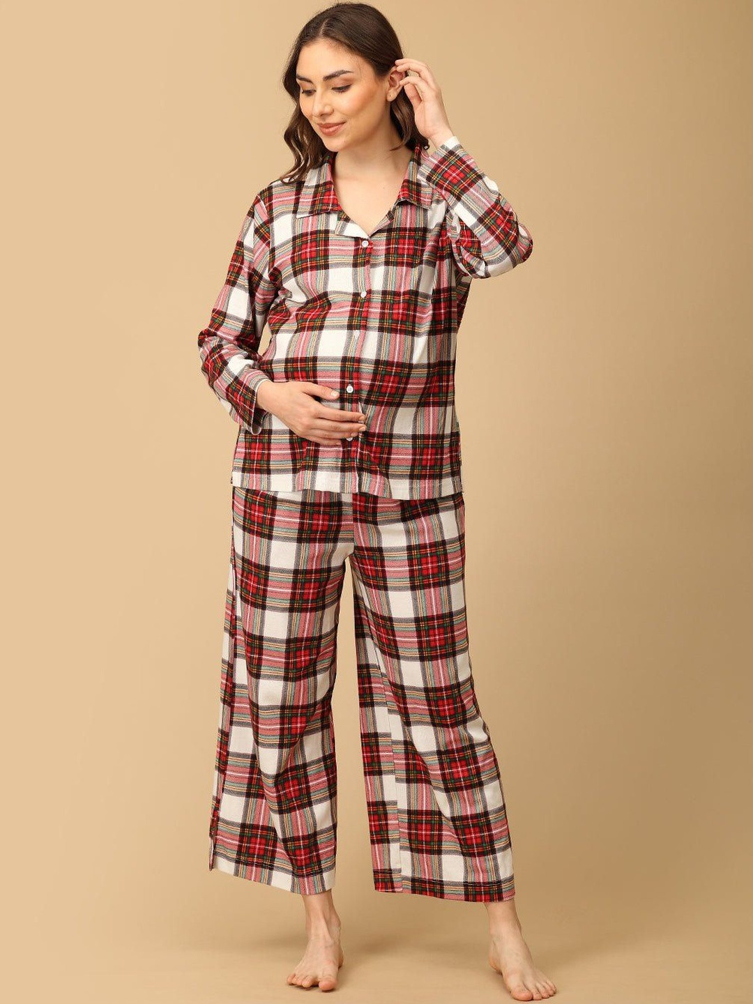 The Mom Store Women Checked Maternity and Nursing Shirt & Pyjamas Night suit