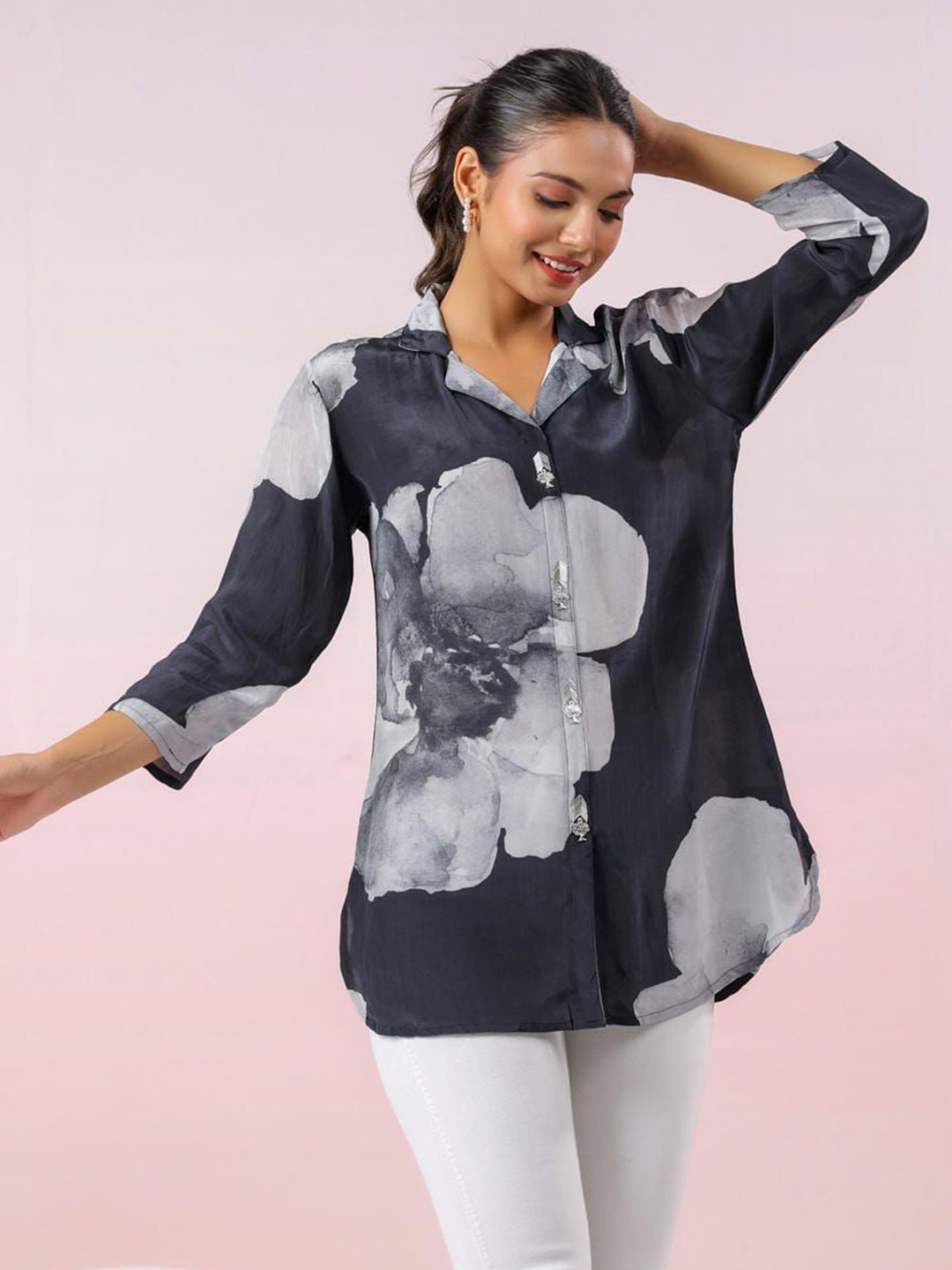 Kaftanize Lapel Collar Floral Printed Silk Top