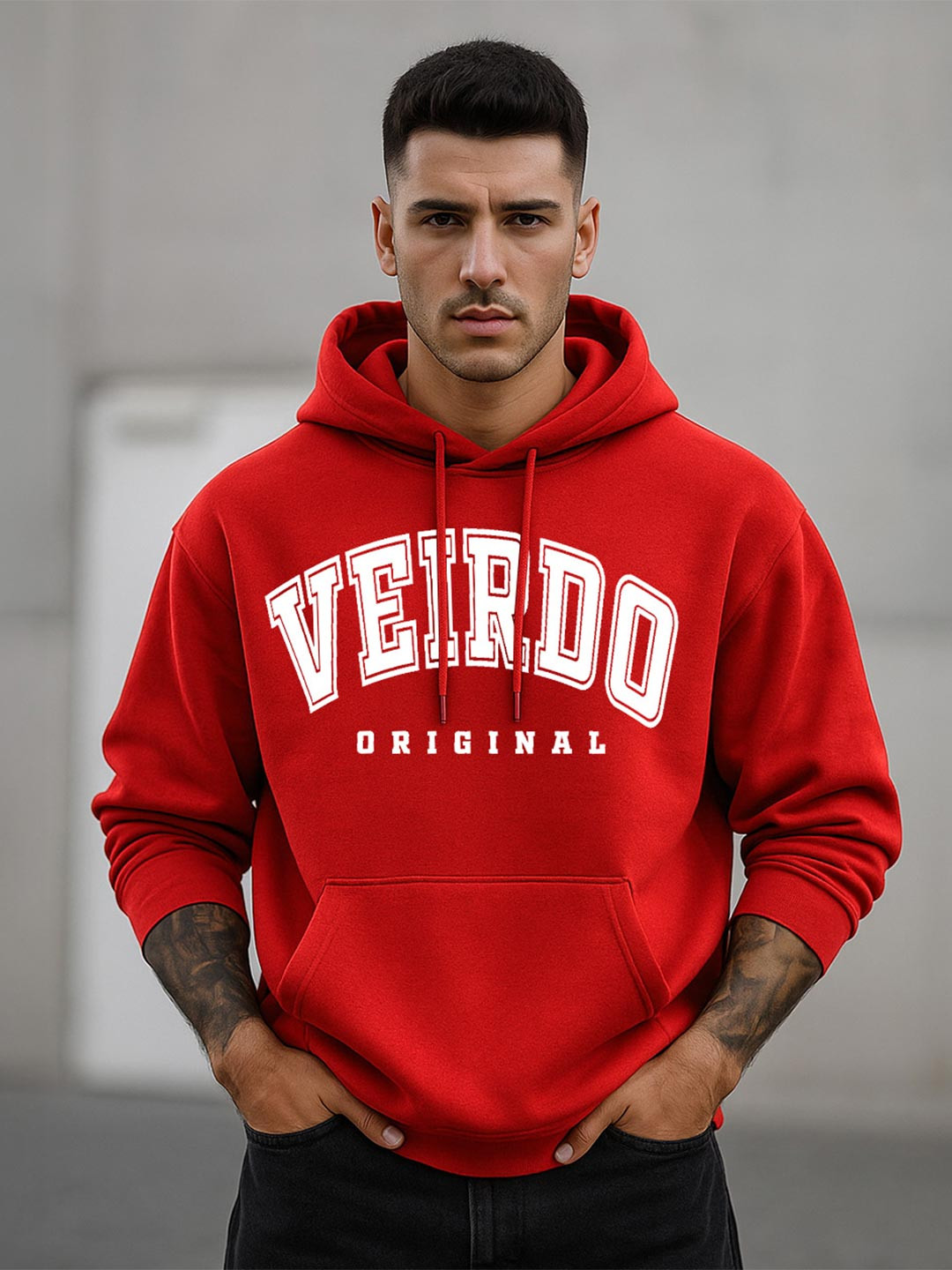 VEIRDO Men Red Typographic Print Cotton Fleece Oversized Hooded Pullover Sweatshirt
