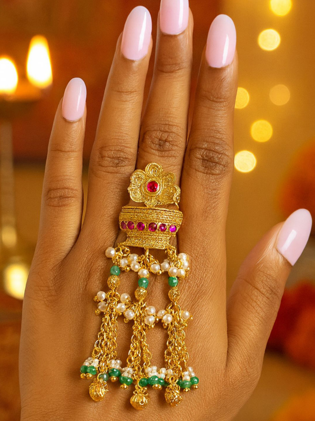 I Jewels Gold-Plated Stone-Studded & Pearls Beaded Adjustable Dangle Finger Ring