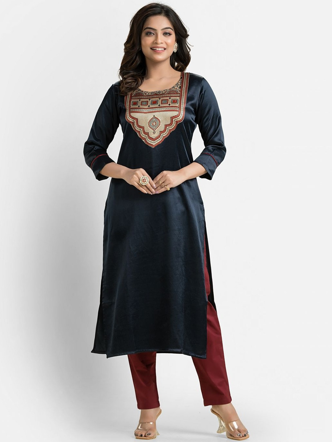 Crazy Needle Ethnic Motifs Yoke Design Patchwork Pure Silk Straight Kurta